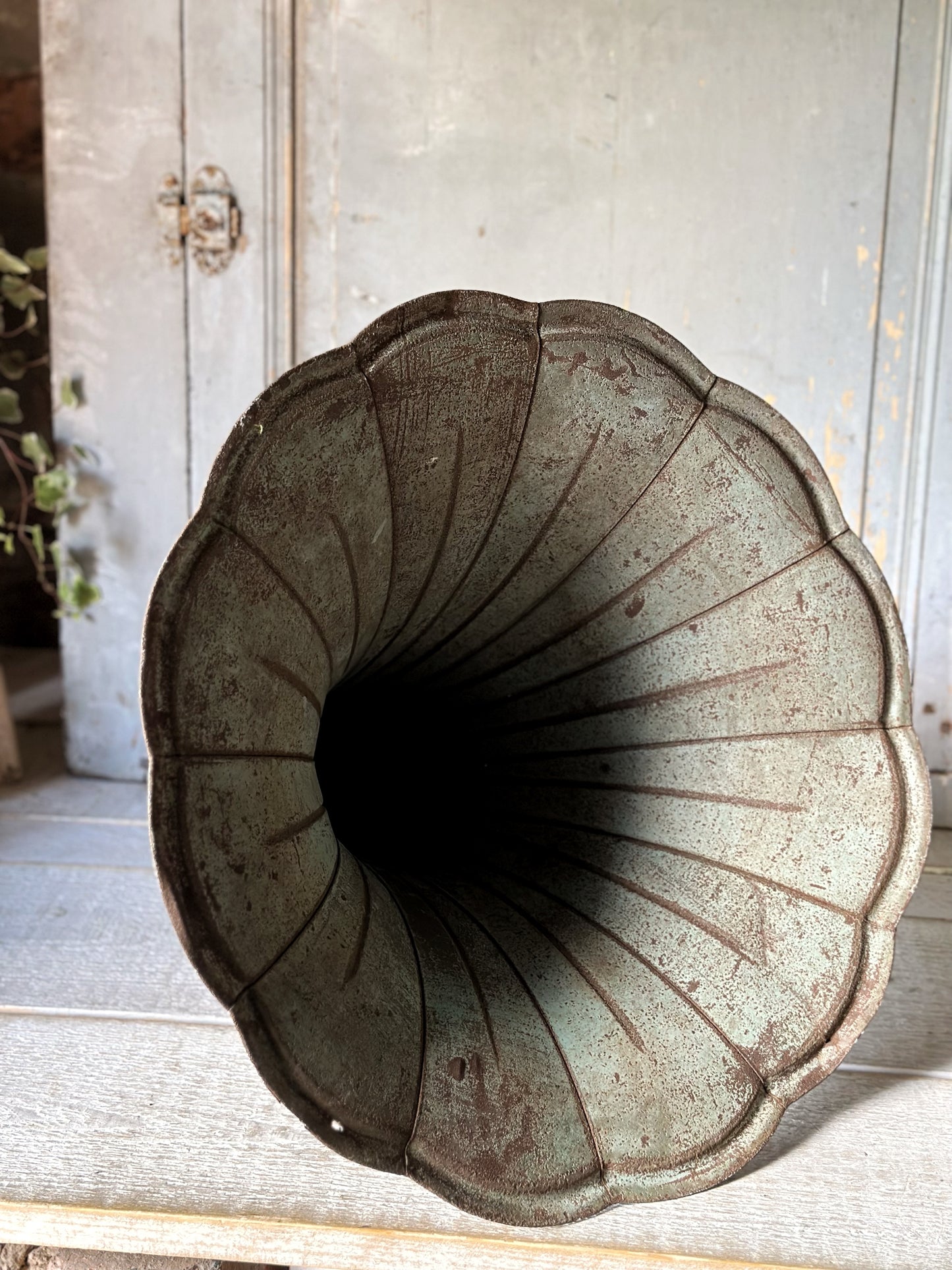 A wonderful antique French tin gramophone funnel and elbow