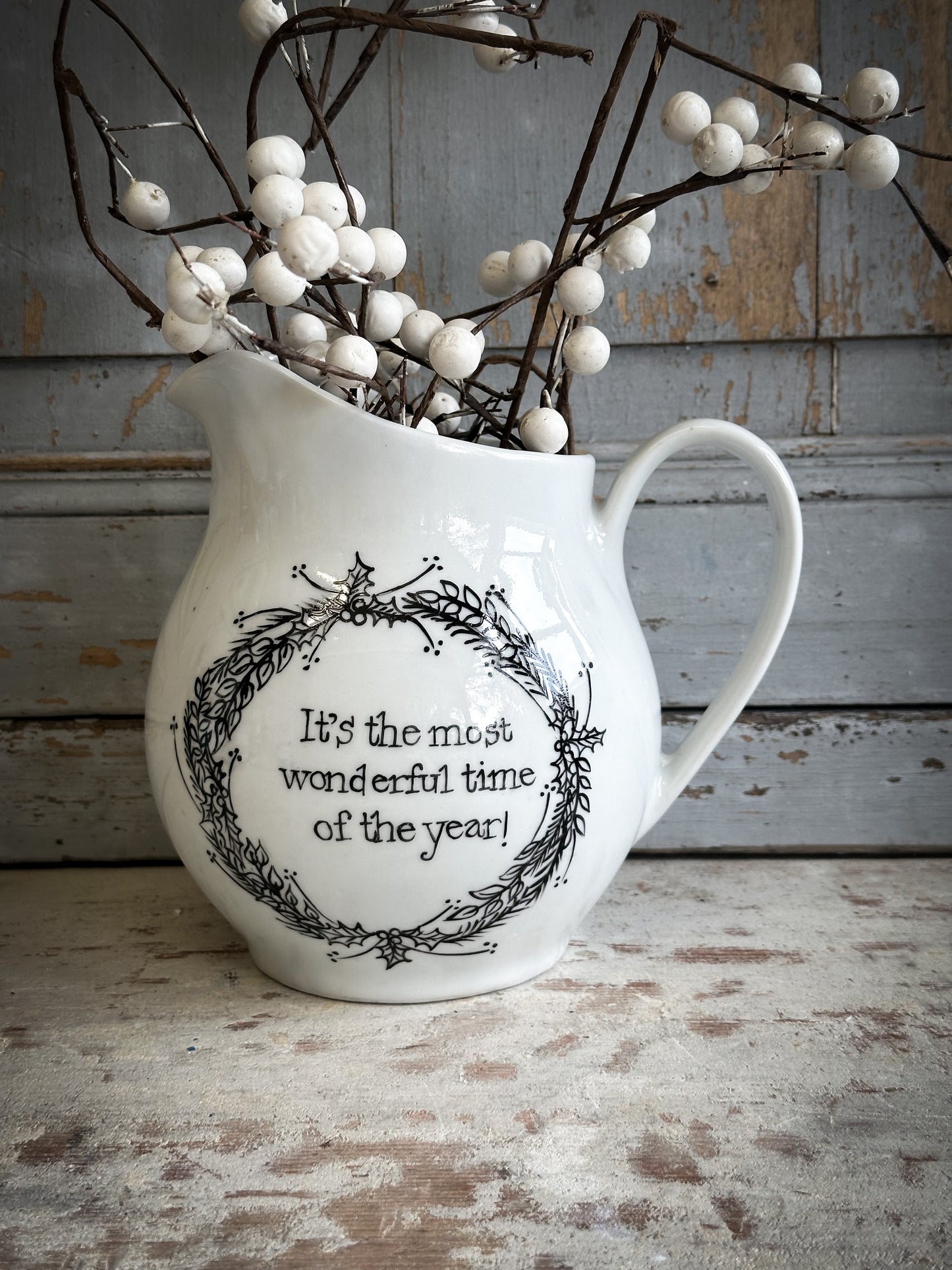 A beautiful Vintage Ironstone jug with a Christmas hand painted quote