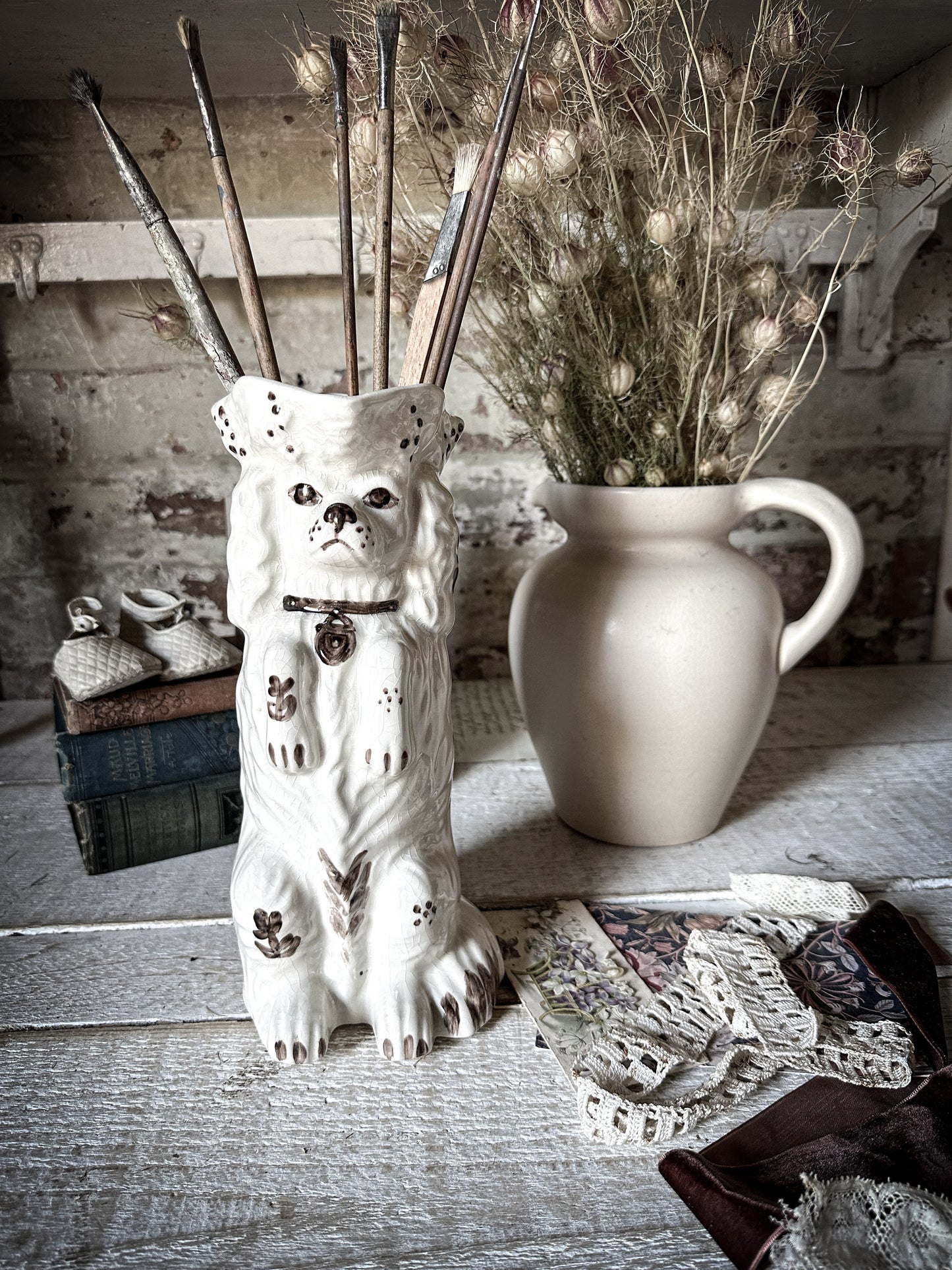 Antique Staffordshire Begging Spaniel in a Tricorn Hat Jug
