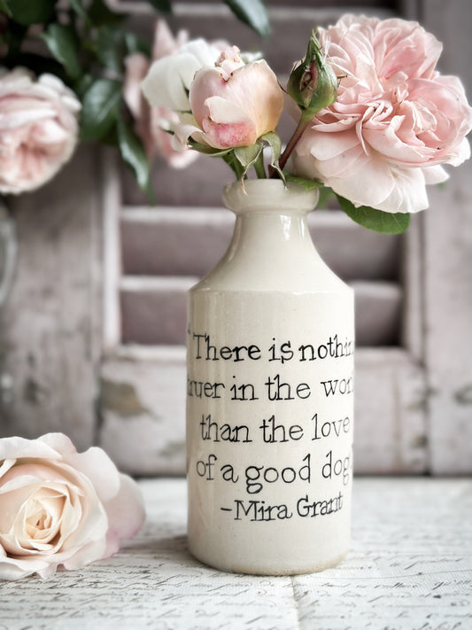 A Victorian unearthed stoneware pottery bottle with a hand painted quote