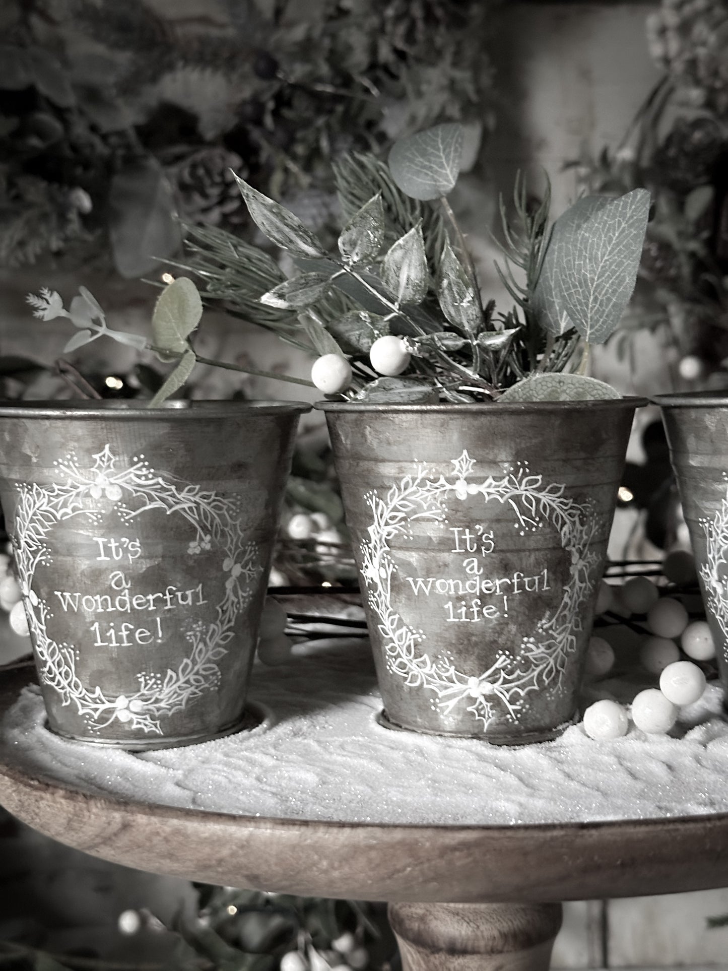 A vintage style mini zinc tub hand painted with a Christmas wreath and Quote