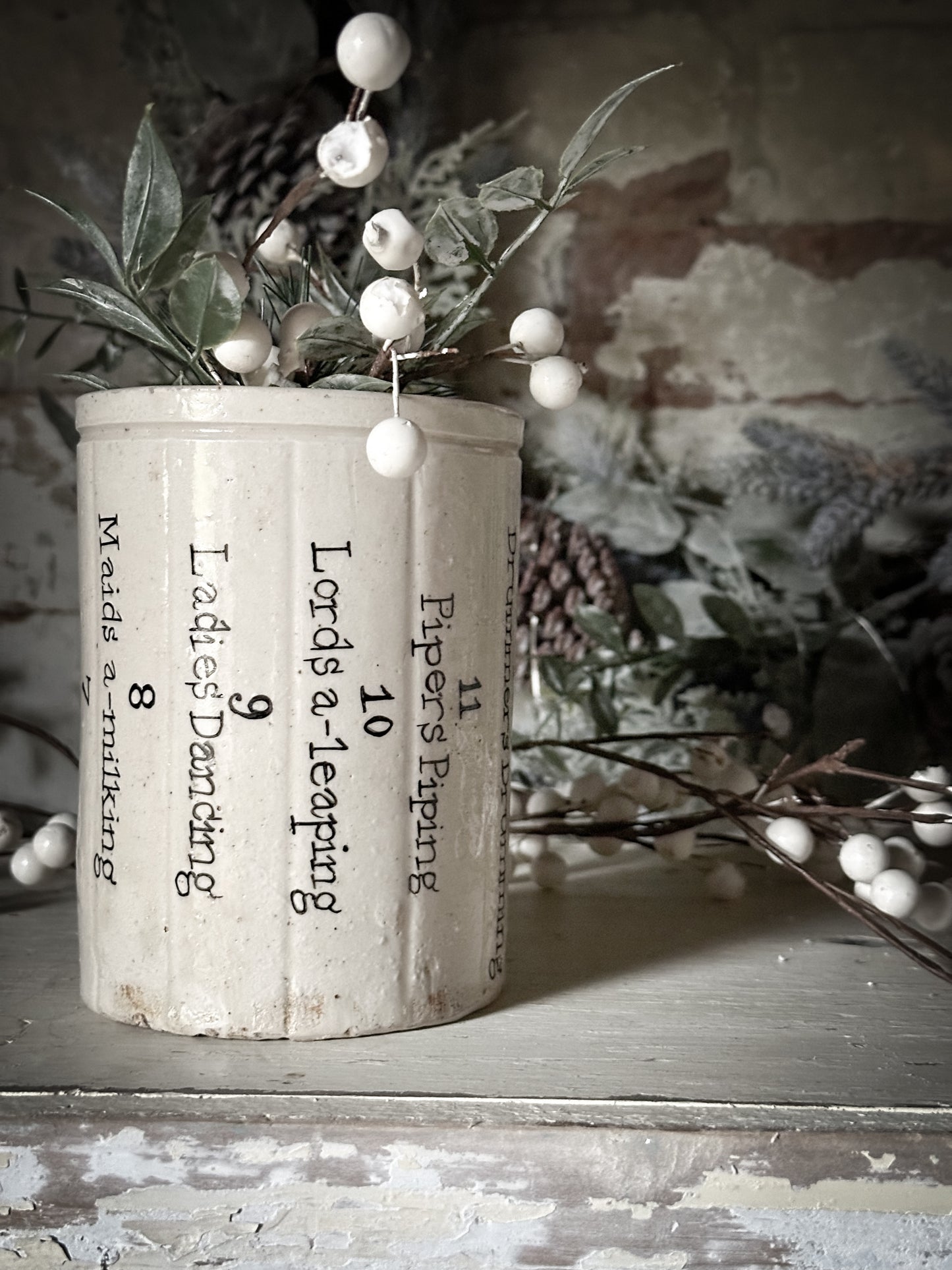 A tall Victorian unearthed stoneware pottery preserve jar with a hand painted quote