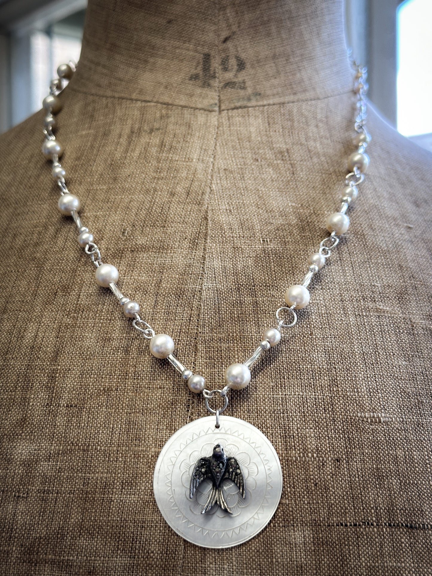 Found Object Mother of Pearl Swallow Necklace by Jealous Moon Jewellery
