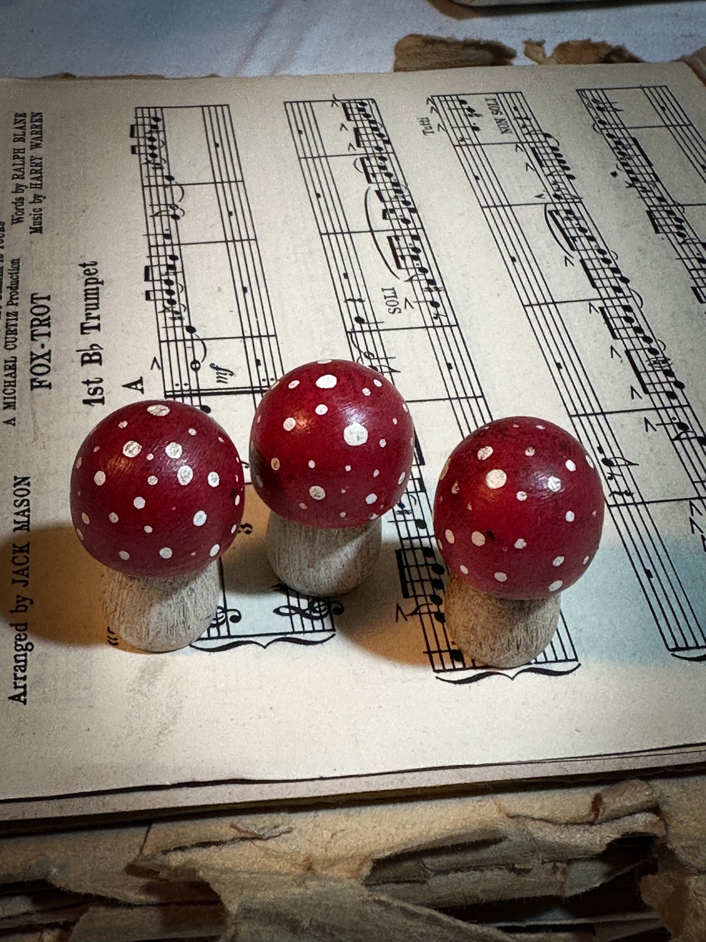 A wooden hand painted Christmas village toadstool