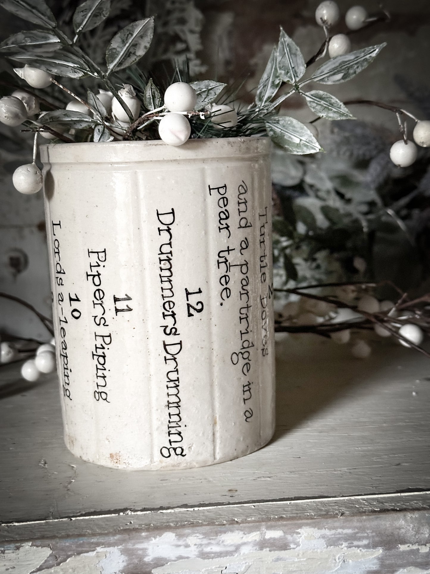 A tall Victorian unearthed stoneware pottery preserve jar with a hand painted quote
