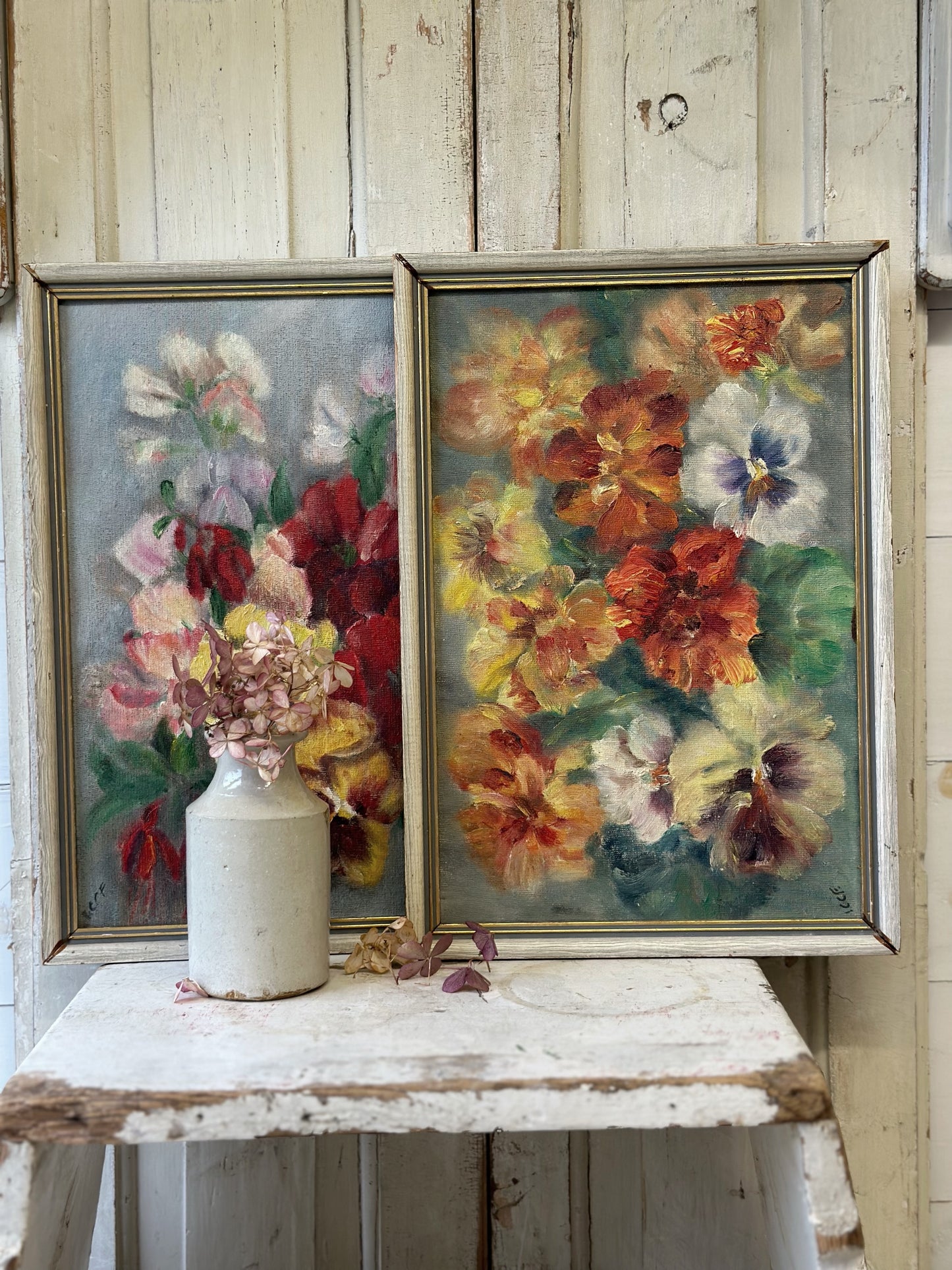 Vintage Still Life Flowers Pansies Oil On Board Signed ICCF