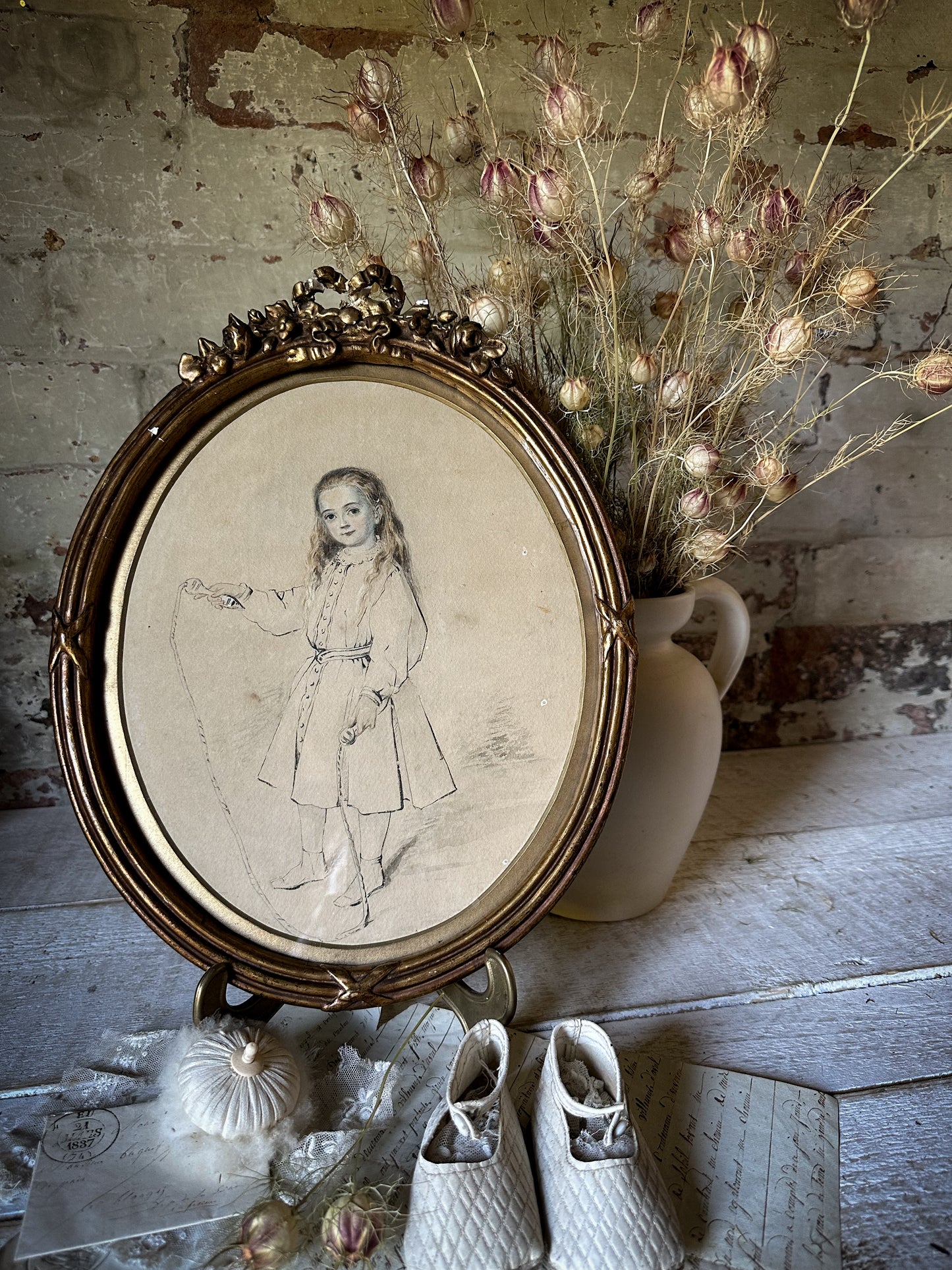 A Delightful Original French Painting, Illustration of a Girl with her Skipping Rope