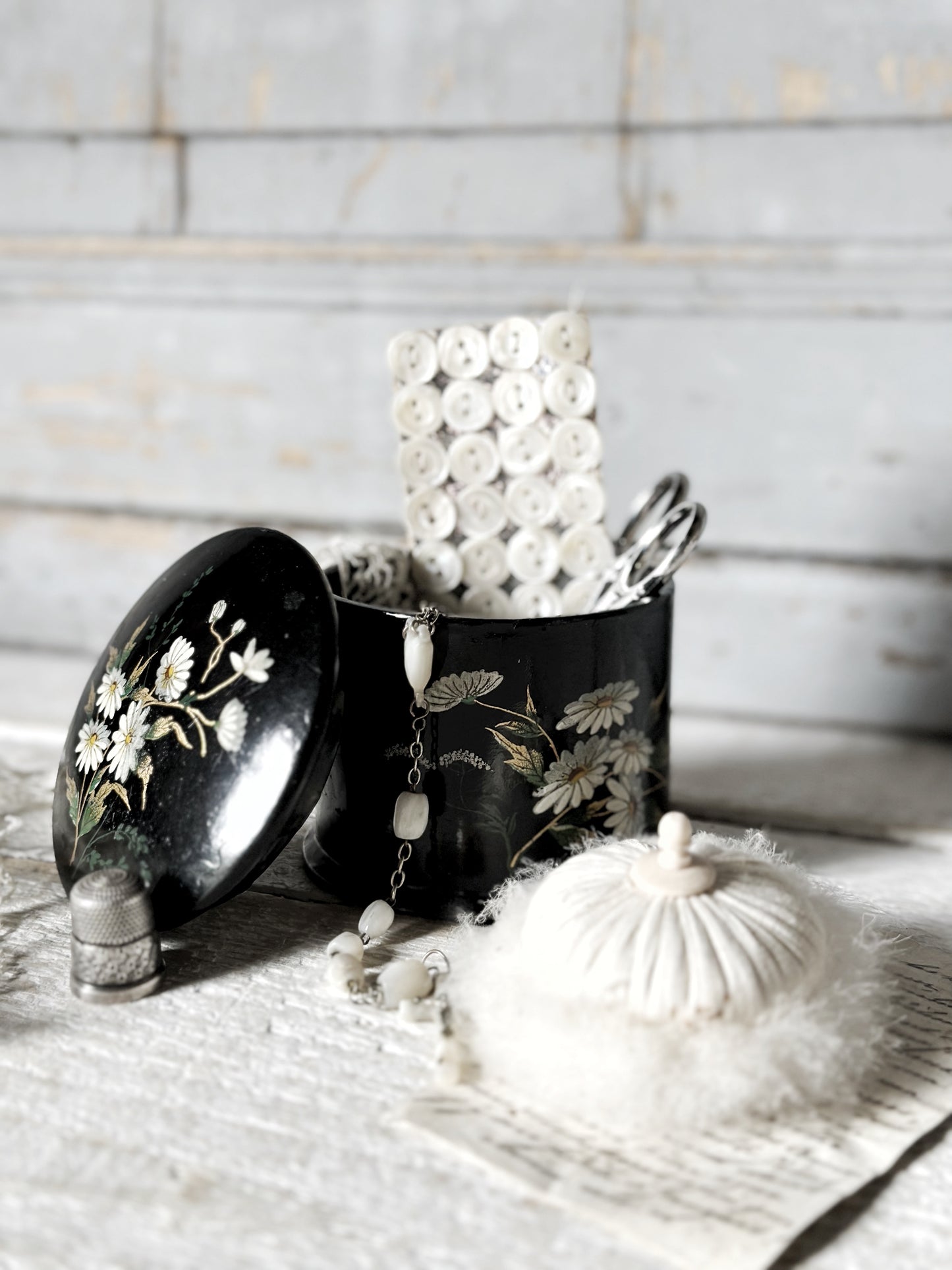 Antique Papier Mache Lacquer Black Handpainted Floral Powder Box Puff Vanity Pot