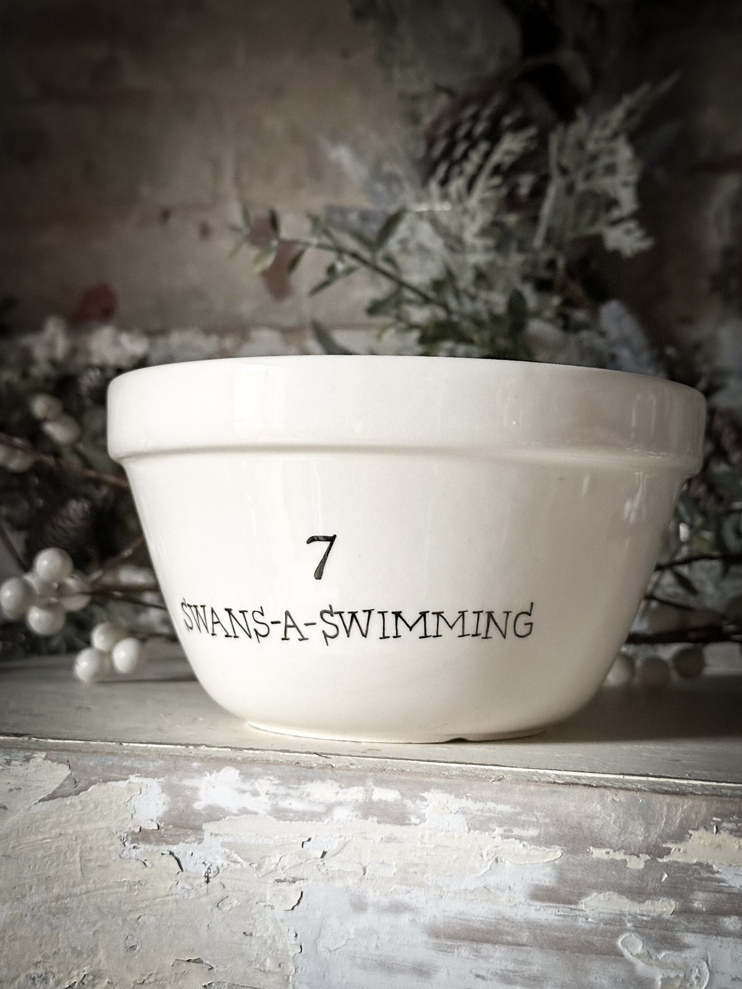 A beautiful vintage Illustrated Ironstone pudding bowl with a hand painted quote