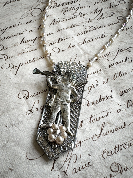 Found Object Art Deco Dress Clip with Cherub Necklace by Jealous Moon Jewellery