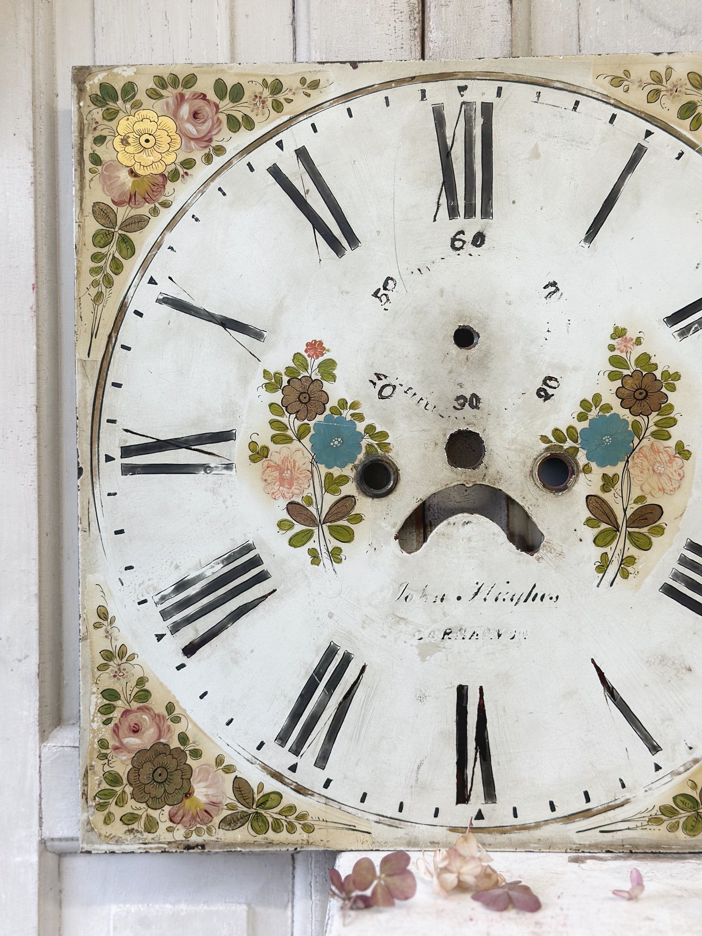 A stunning antique painted reclaimed long case clock face