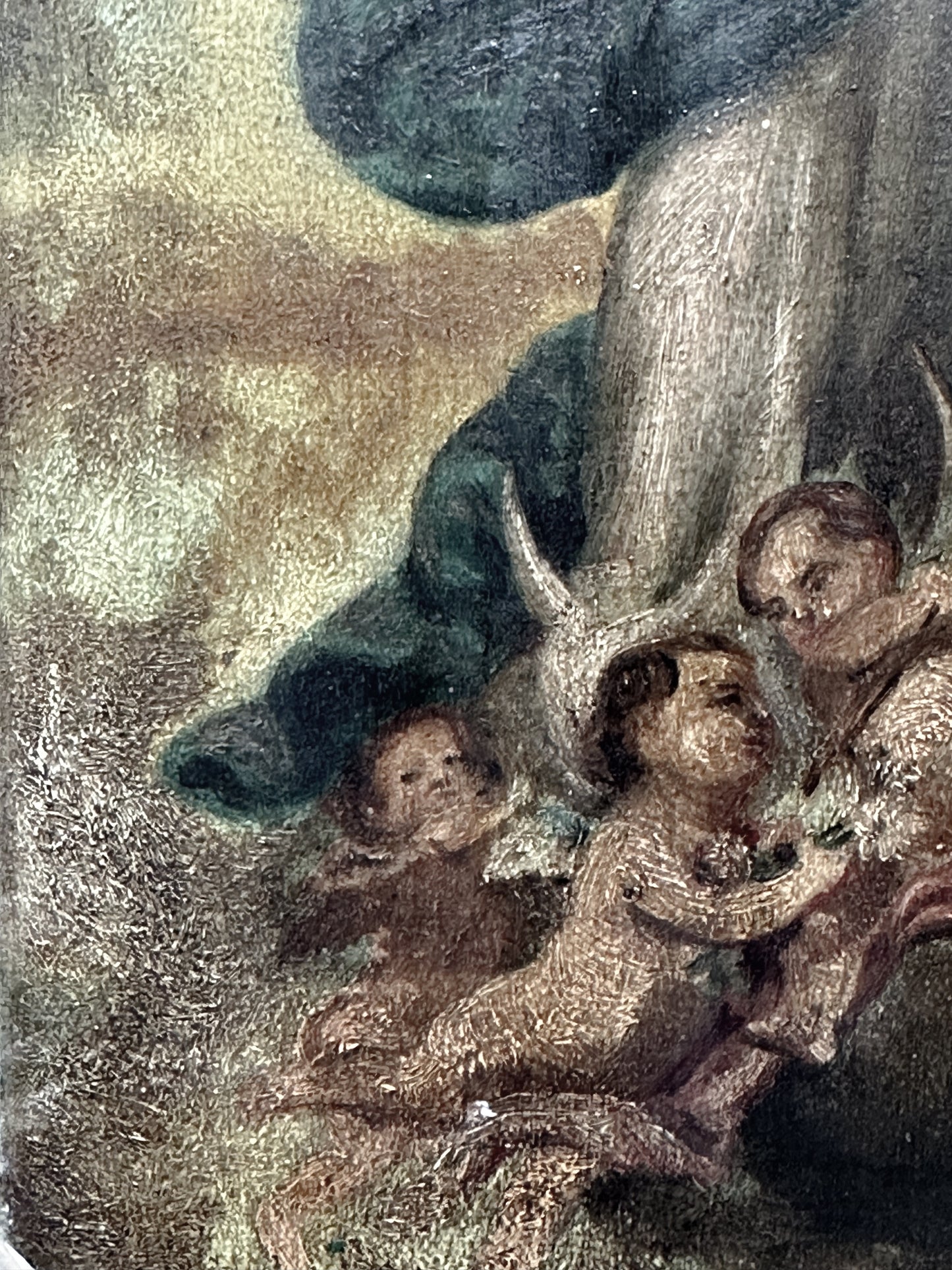 Antique oil on wood panel religious painting of Mary with cherubs at her feet