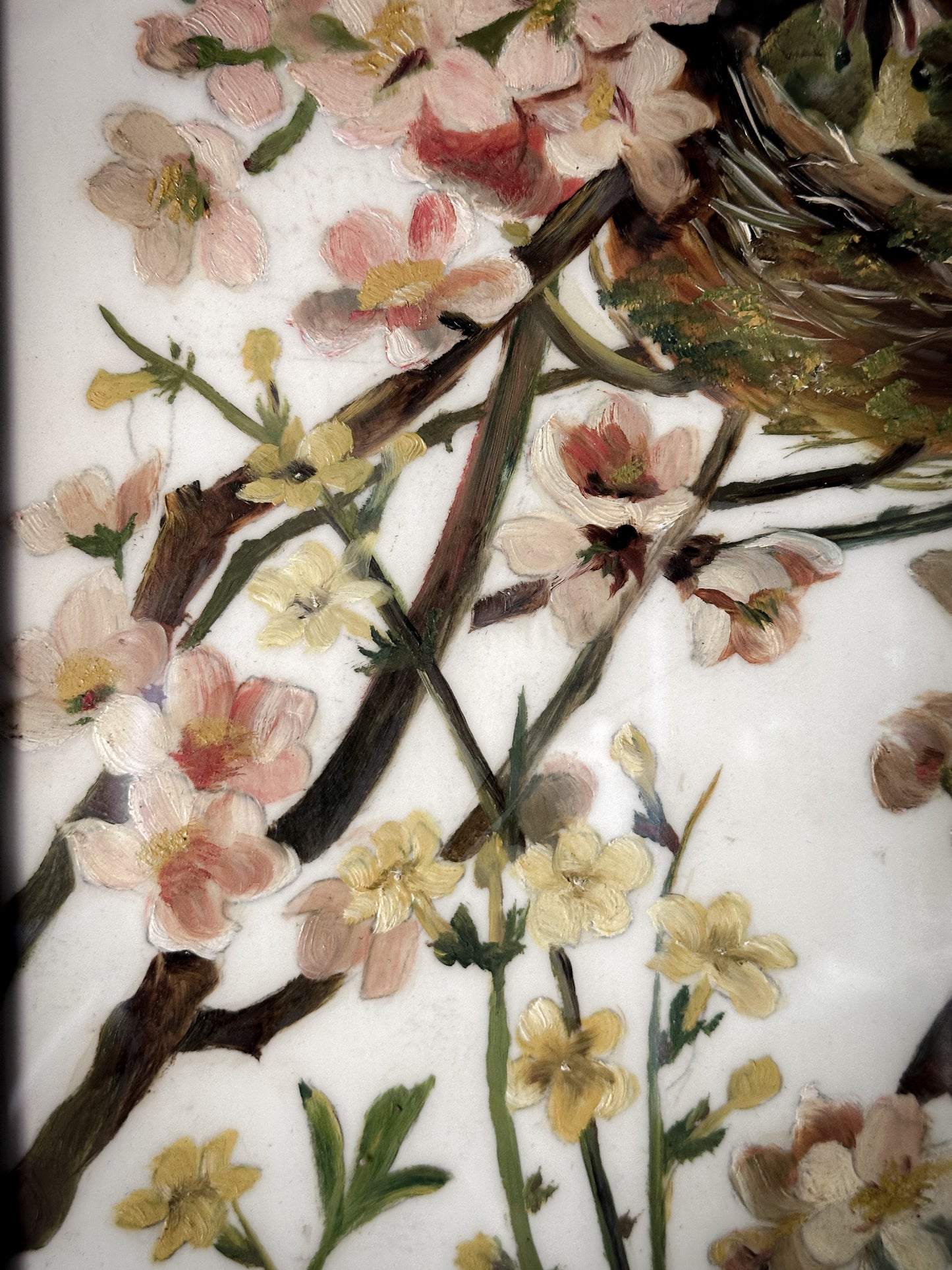 A Stunning Victorian Milk Glass Painting of A Bird’s Nest and Spring Blossoms