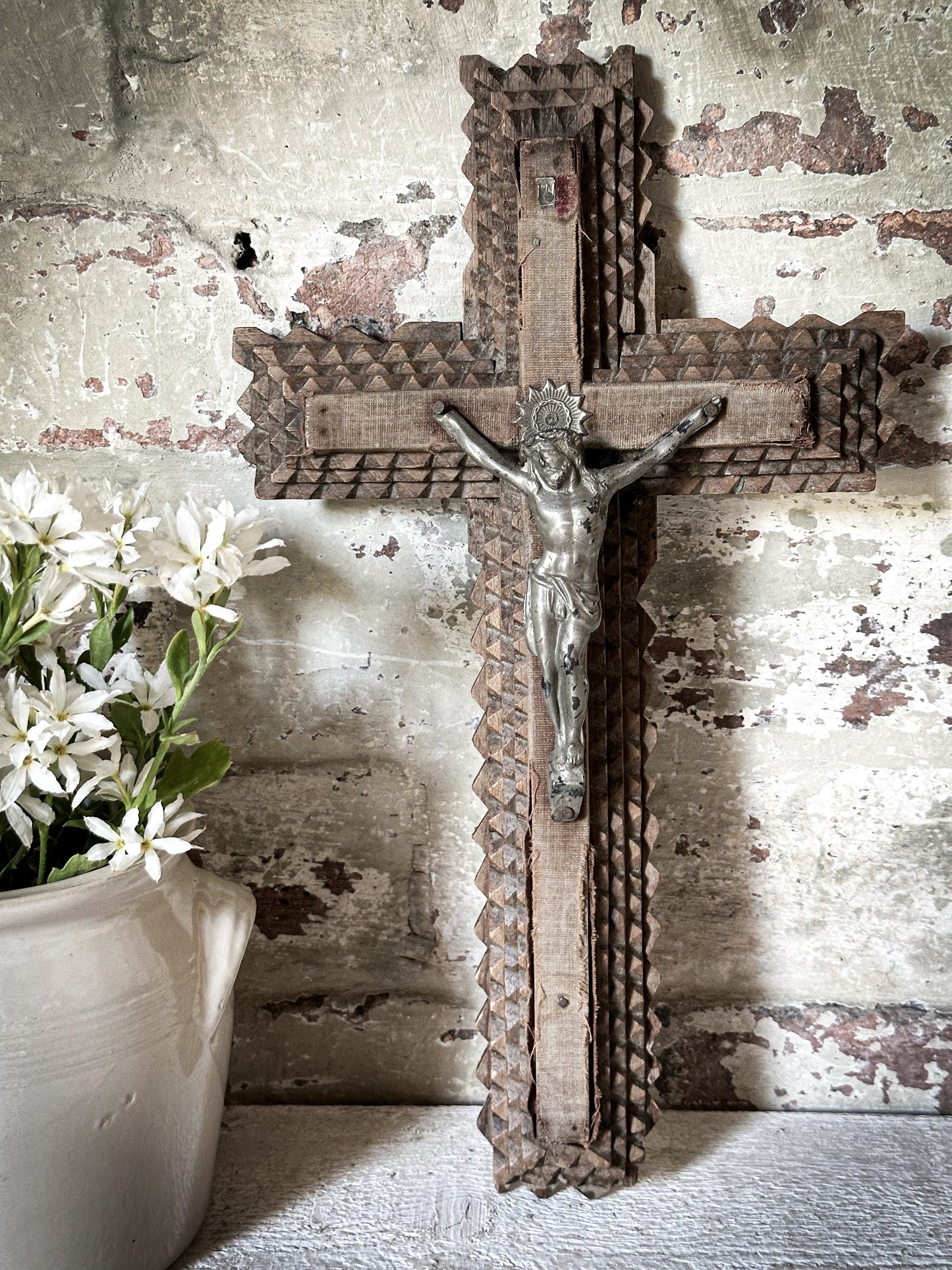 Antique French Tramp Art Crucifix