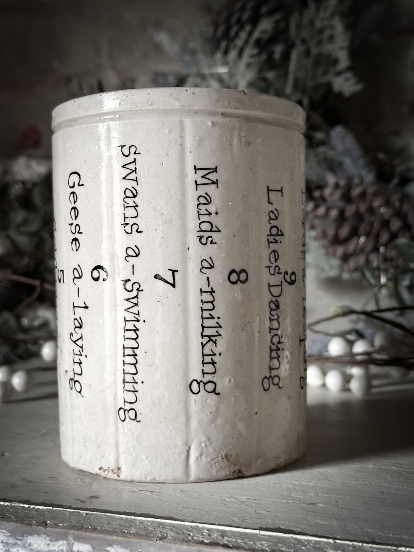 A tall Victorian unearthed stoneware pottery preserve jar with a hand painted quote