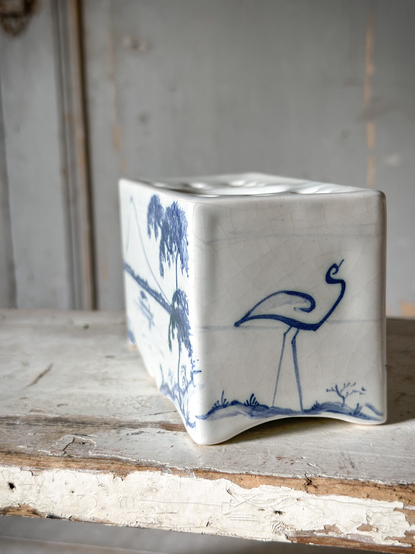 A beautiful Isis by Deborah seers Oxford, blue and white flower brick, tulipiere, flower frog, blue and white tin glaze vase