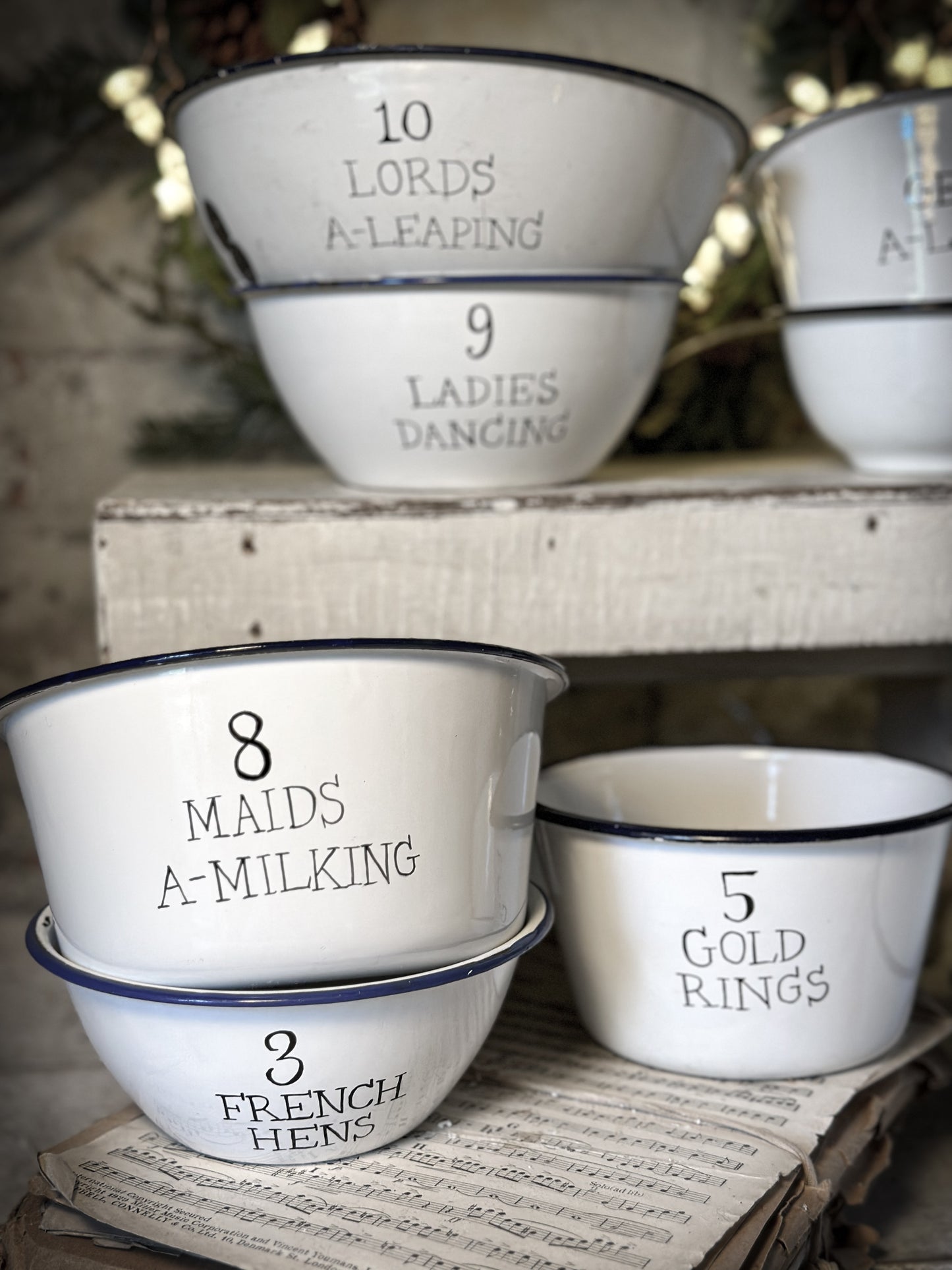 A beautiful vintage enamel pudding bowl with a hand painted quote from the Twelve days of Christmas