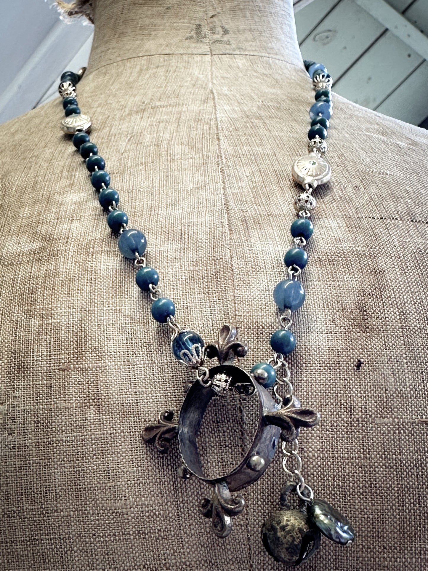 Found Object Vintage Beaded Necklace with Antique Brass Crown by Jealous Moon Jewellery