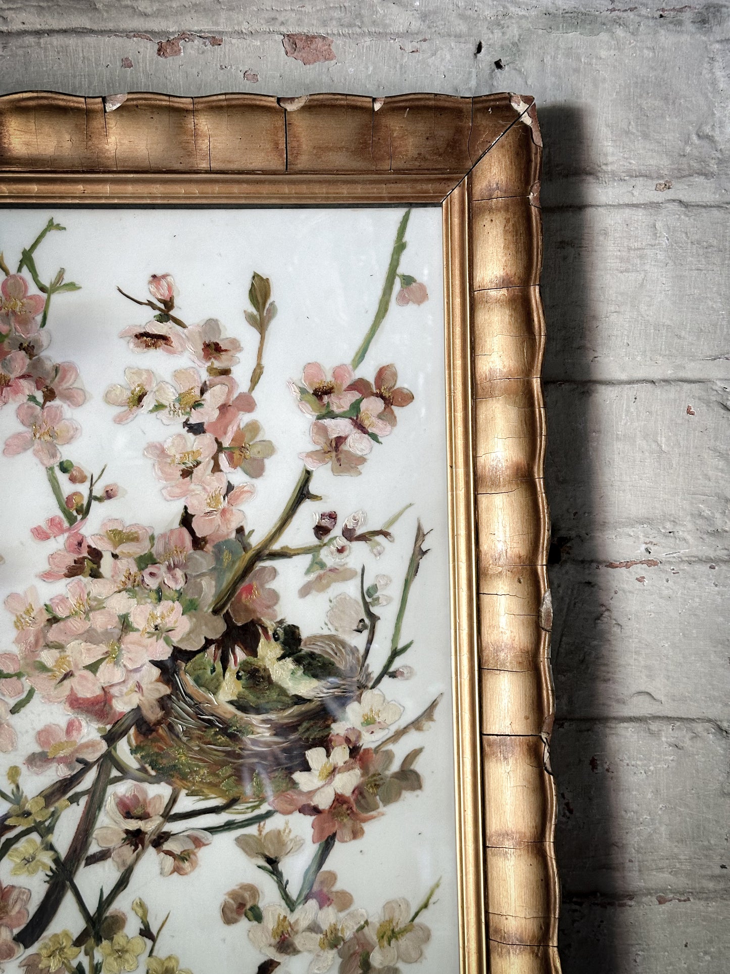 A Stunning Victorian Milk Glass Painting of A Bird’s Nest and Spring Blossoms