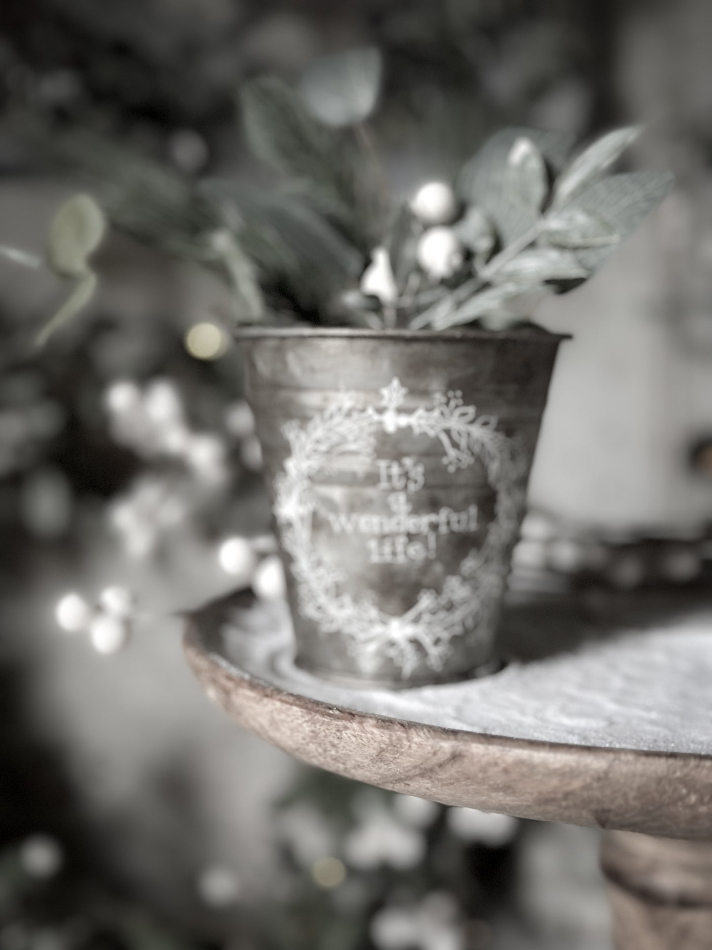 A vintage style mini zinc tub hand painted with a Christmas wreath and Quote