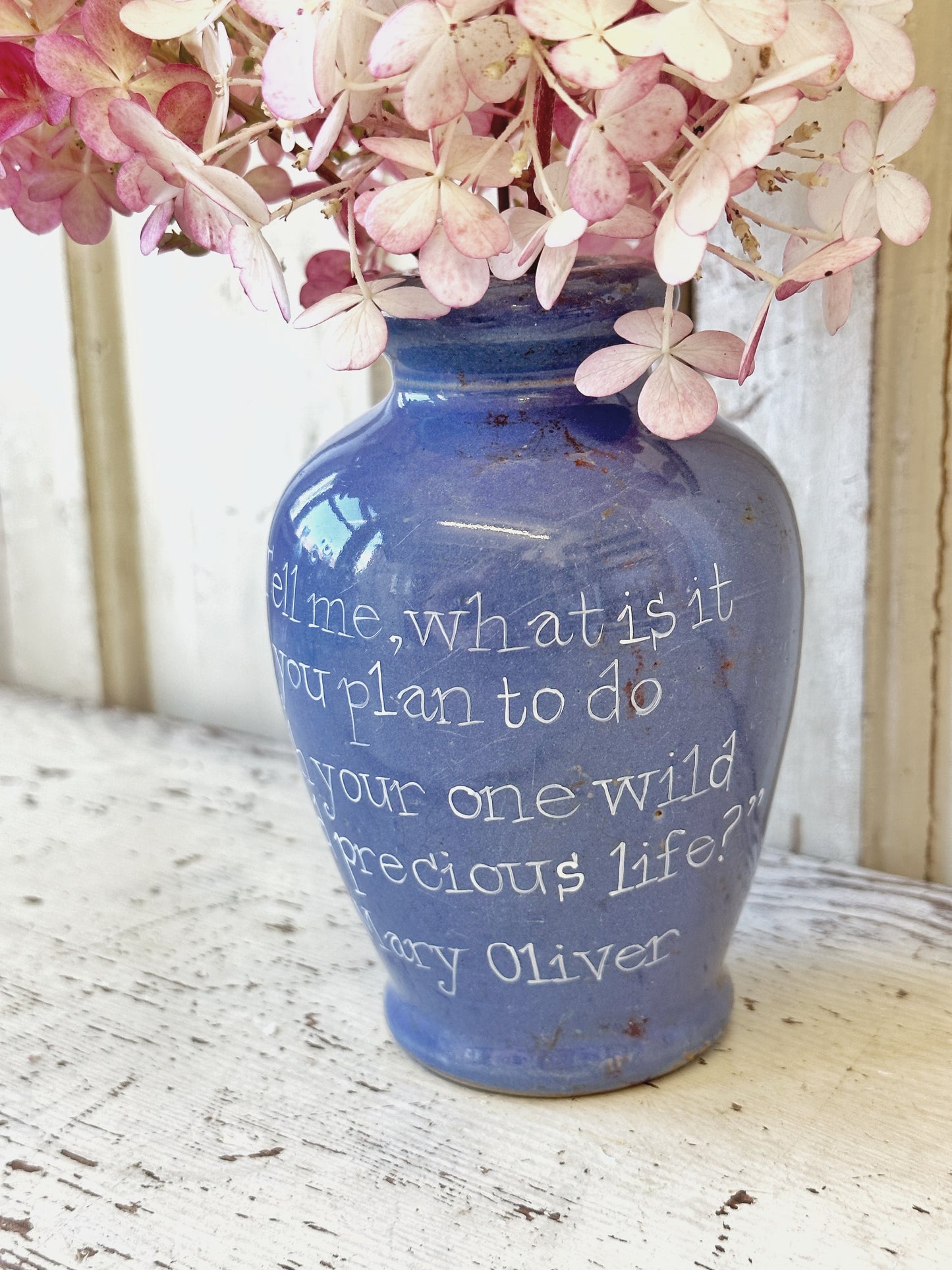 Victorian unearthed stoneware pottery Ronuk polish bottle with a hand painted quote