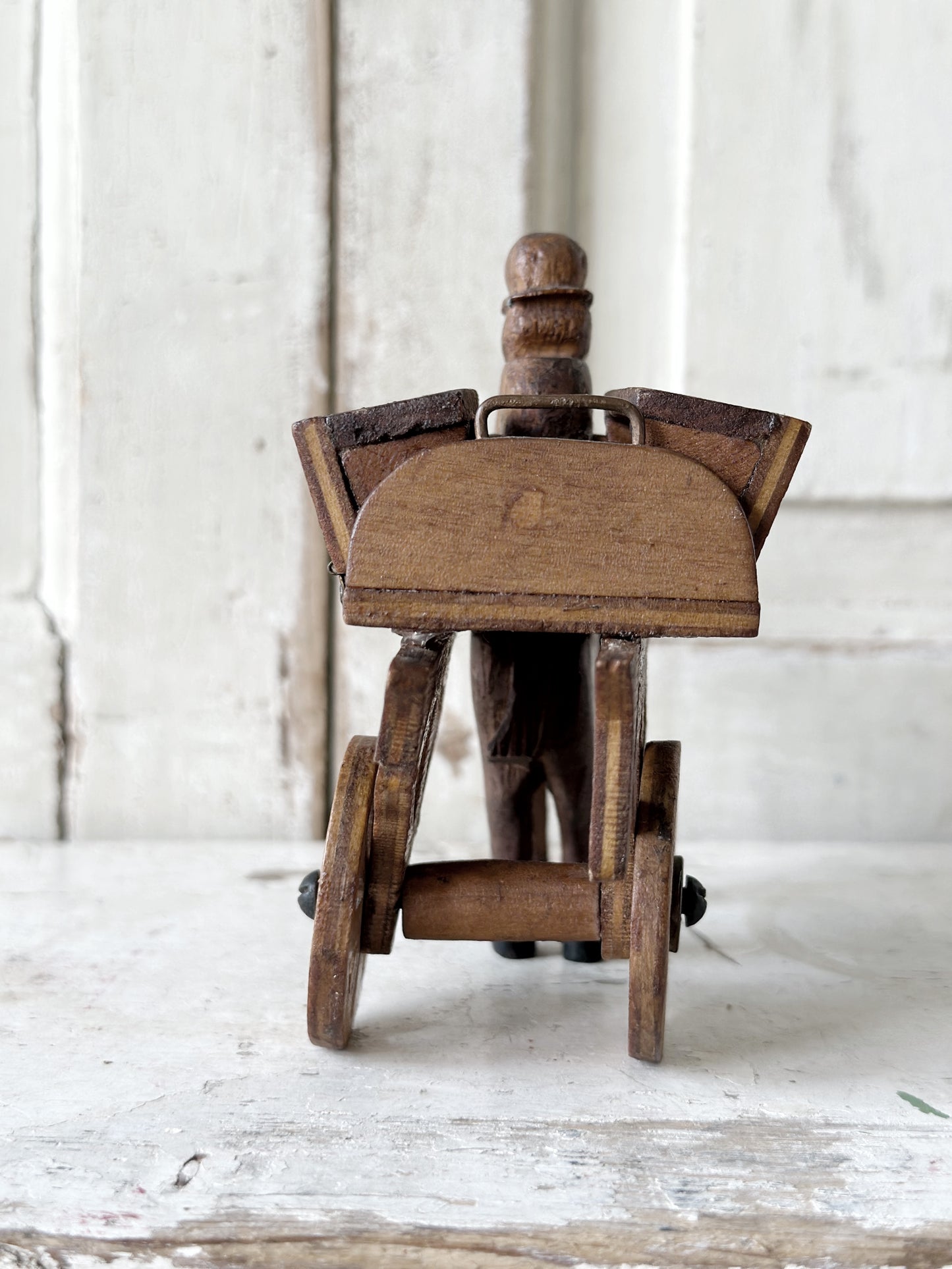 A primitive colonial scratch built wooden horse and cart toy