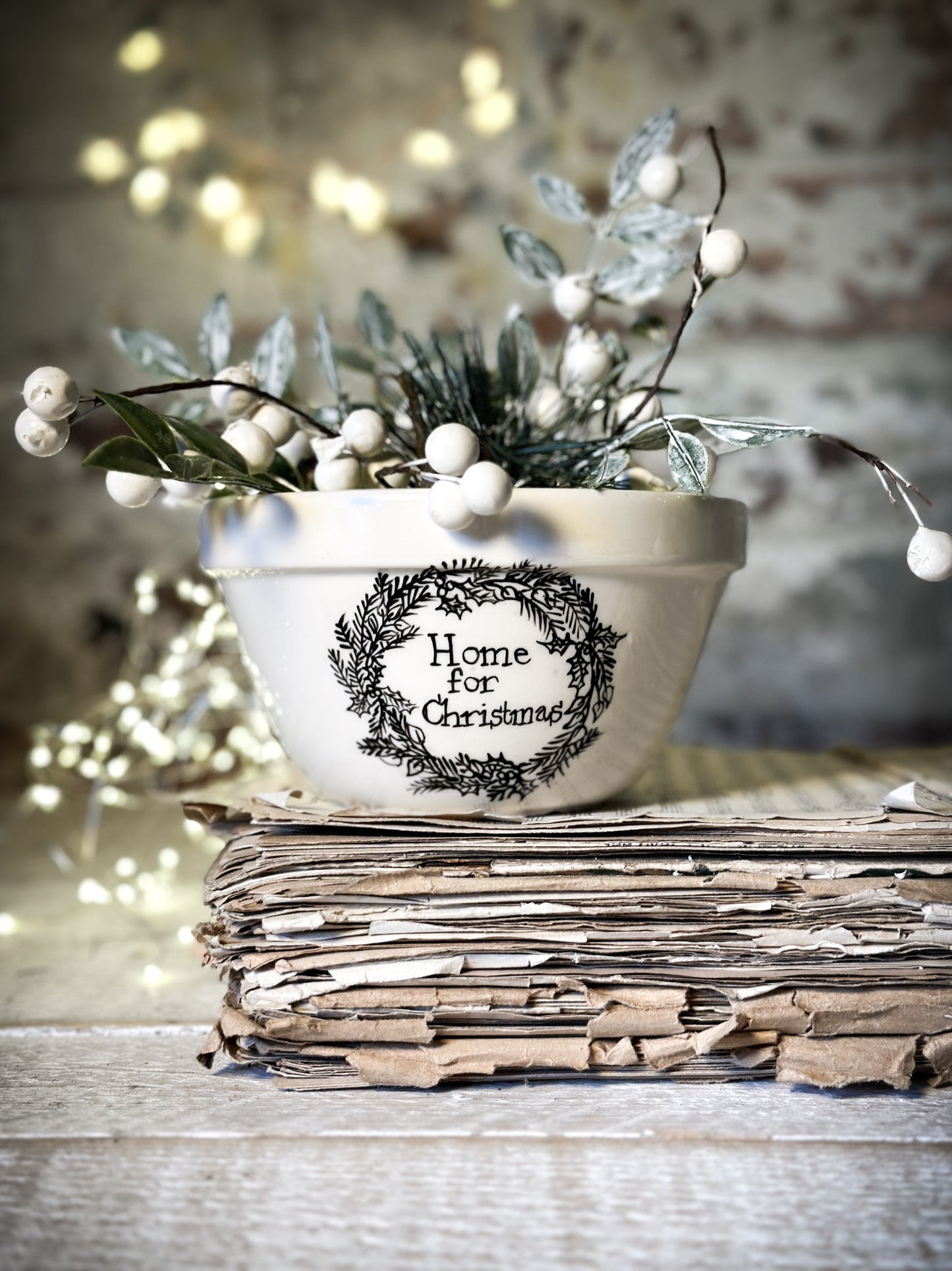 A beautiful vintage Illustrated Ironstone pudding bowl with a hand painted Christmas quote
