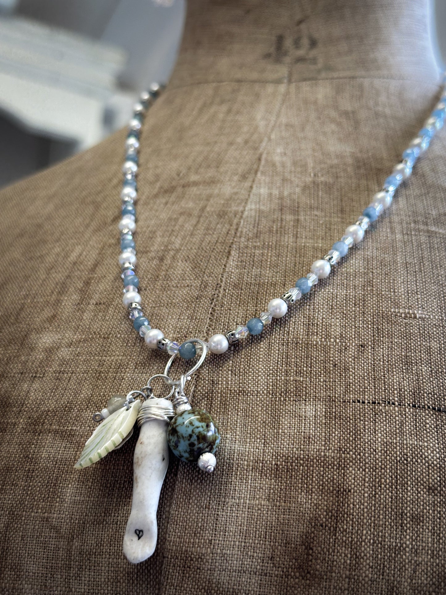 Found Object Vintage Beaded Necklace with Antique Brass Crown by Jealous Moon Jewellery