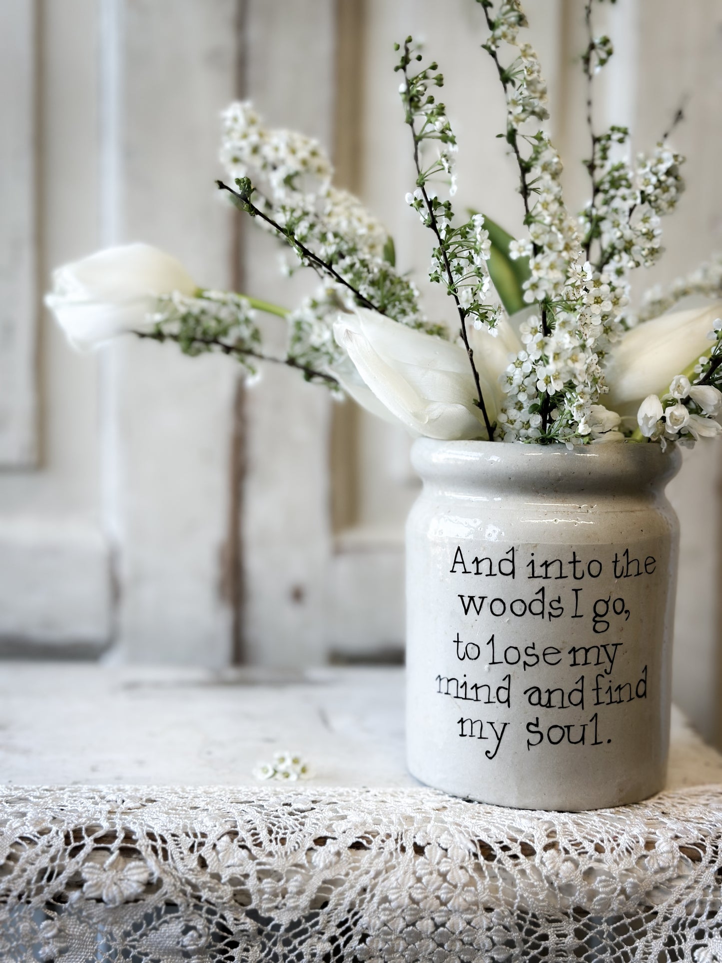 A Victorian unearthed stoneware pottery preserve jar with a hand painted quote