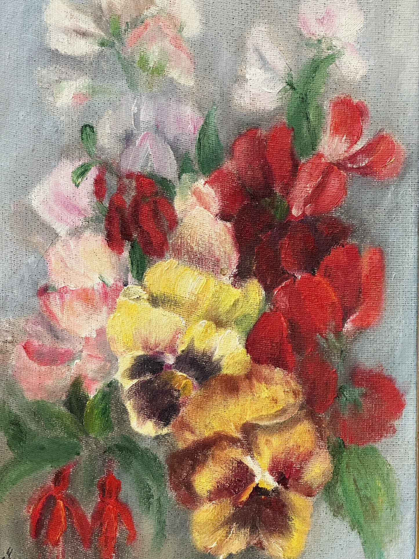 Vintage Still Life Flowers Pansies Oil On Board Signed ICCF