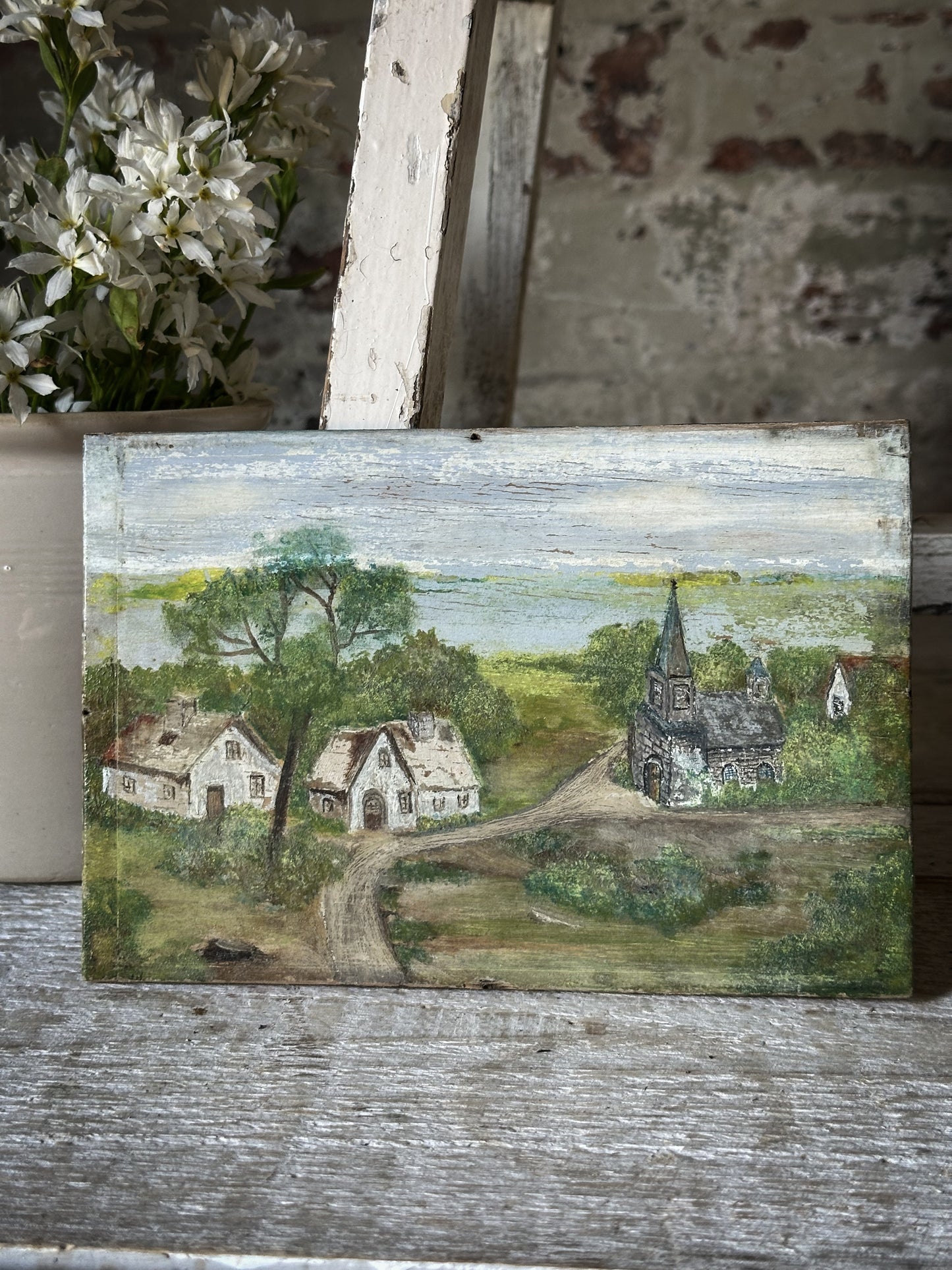 Antique French Naive Oil Painting on Wooden Panel