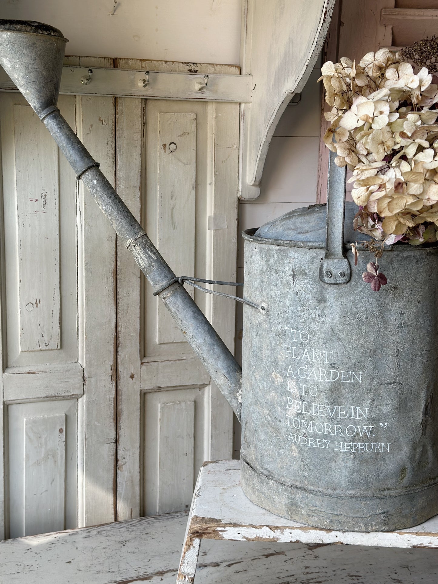 A beautiful vintage galvanised watering can planter