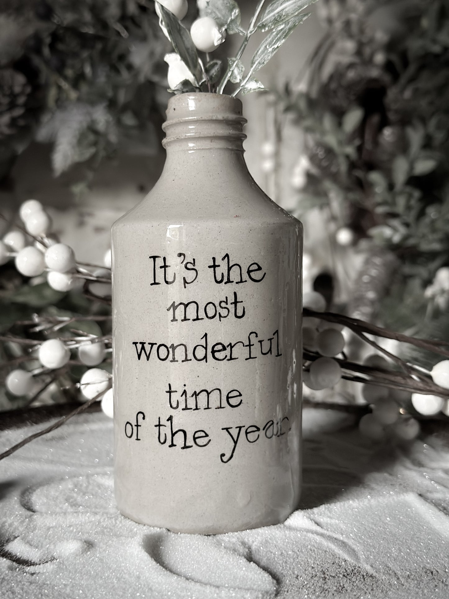 A Victorian unearthed stoneware pottery tall bottle with a hand painted quote