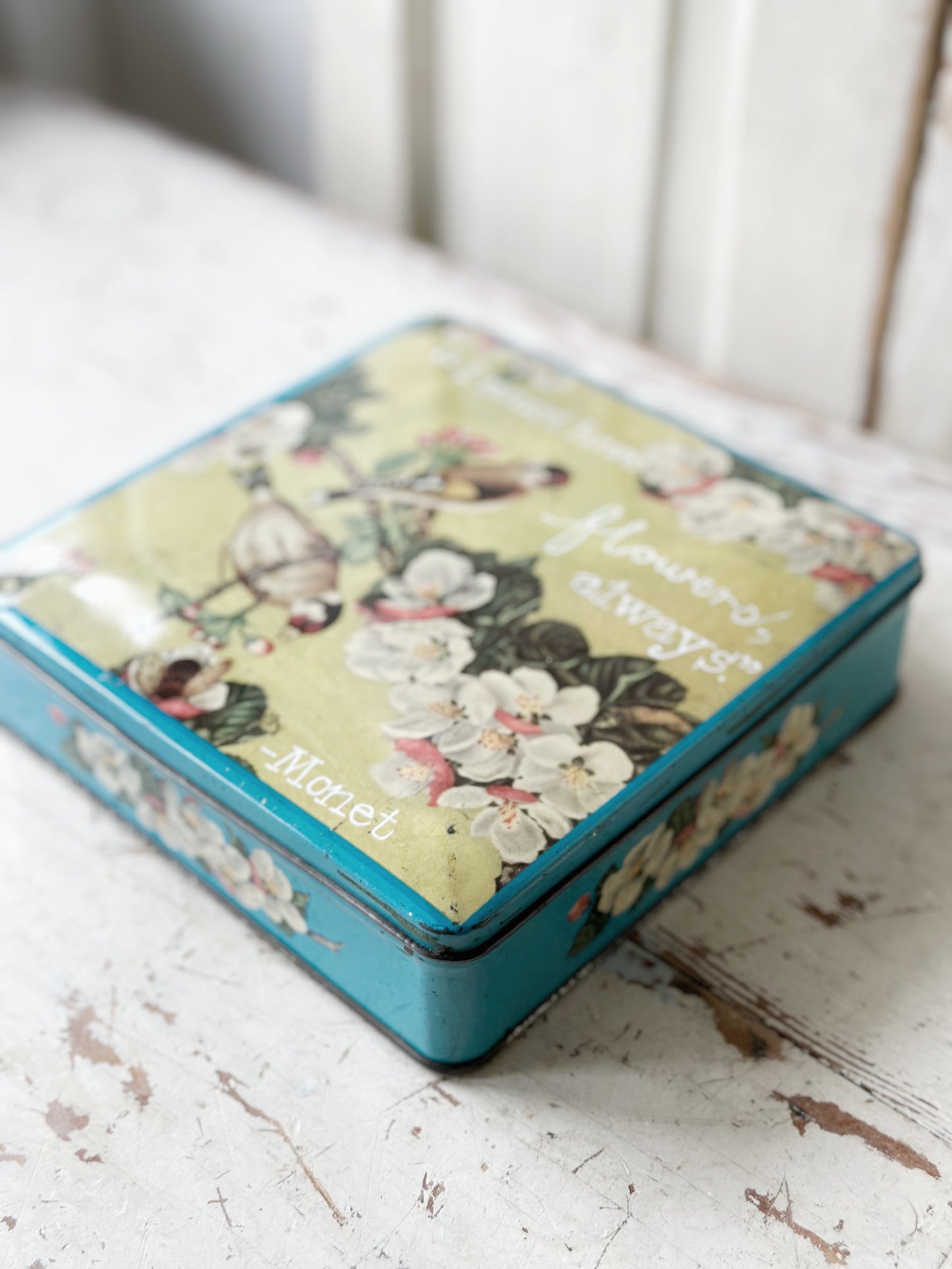 A pretty antique tin with a hand painted quote.