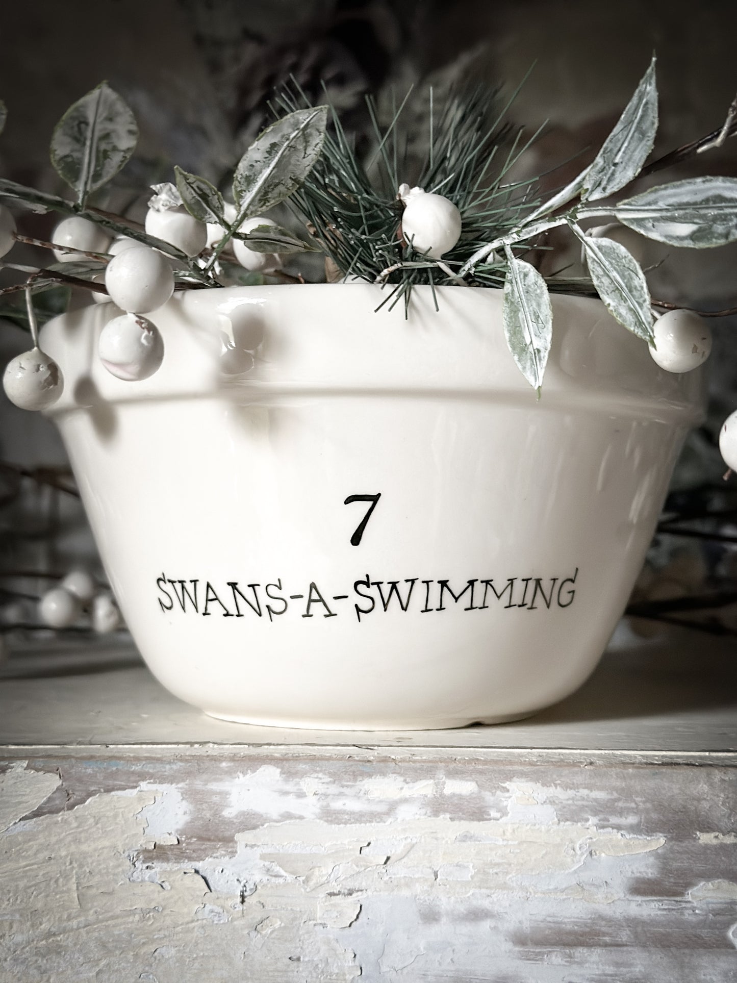 A beautiful vintage Illustrated Ironstone pudding bowl with a hand painted quote