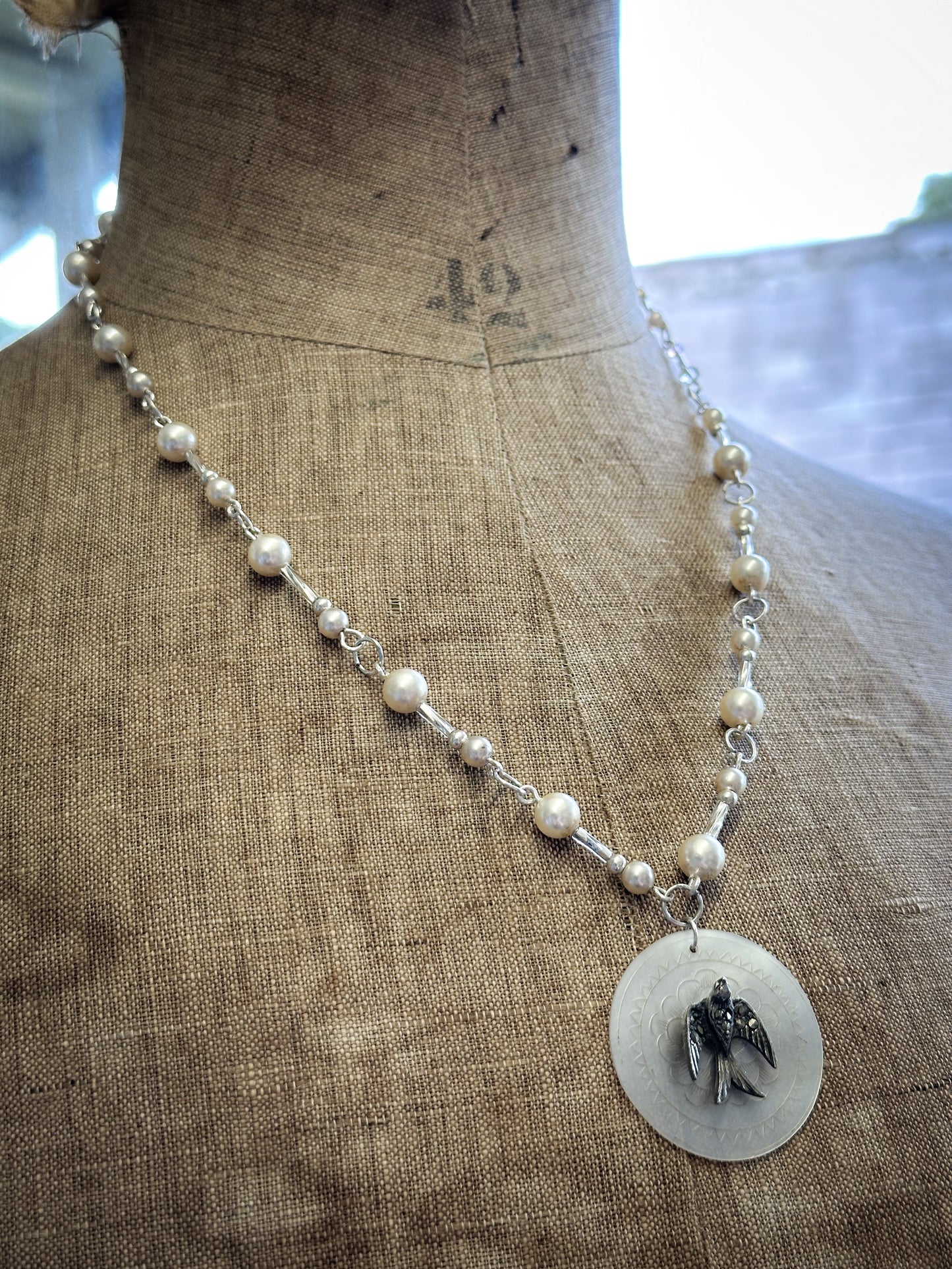 Found Object Mother of Pearl Swallow Necklace by Jealous Moon Jewellery