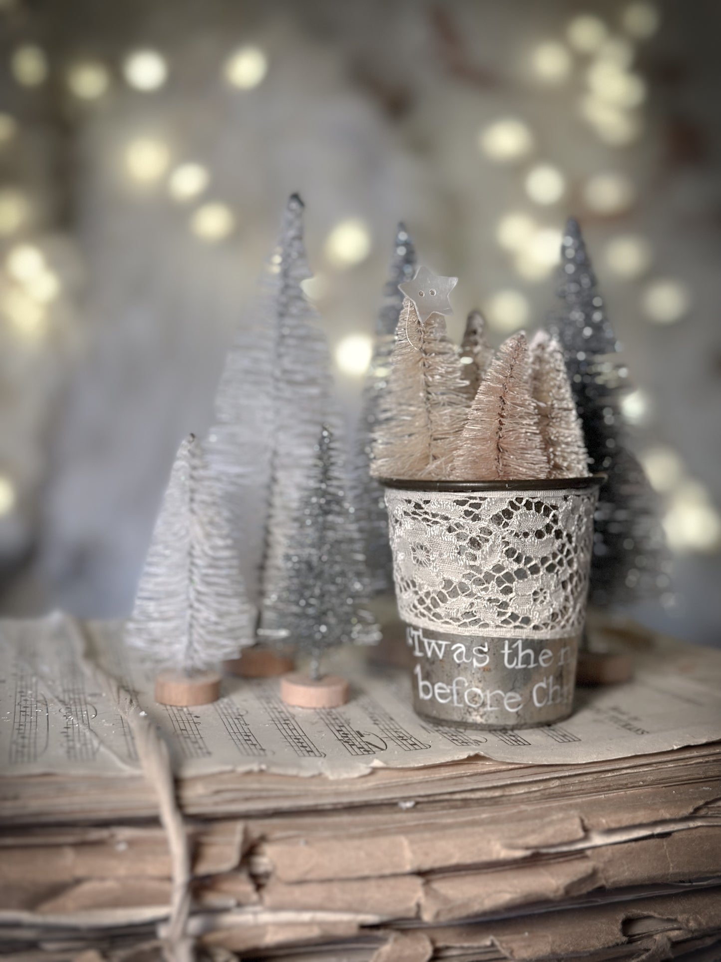 A hand painted vintage Dariole tin with lace trimming and a Christmas quote