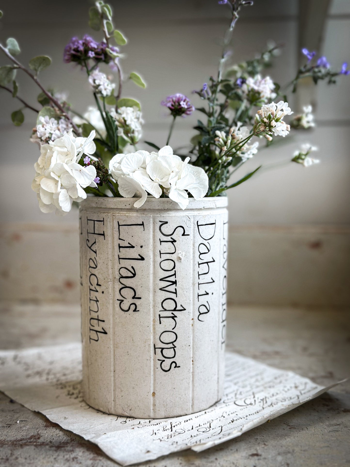 A Victorian Stoneware Preserve jar with hand painted botanical names pot