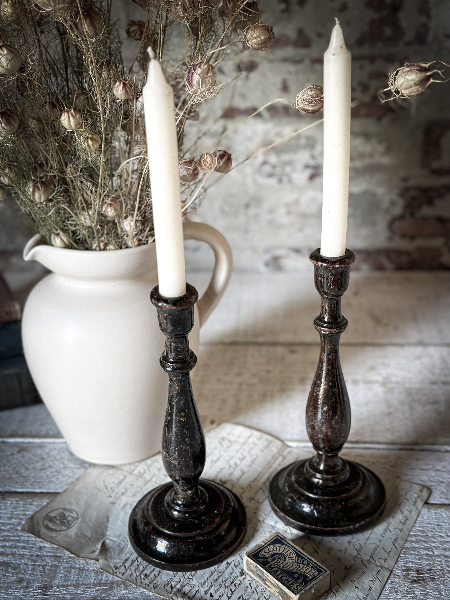 A Pair of Antique Hand Turned Ebonised Candlestick Holders