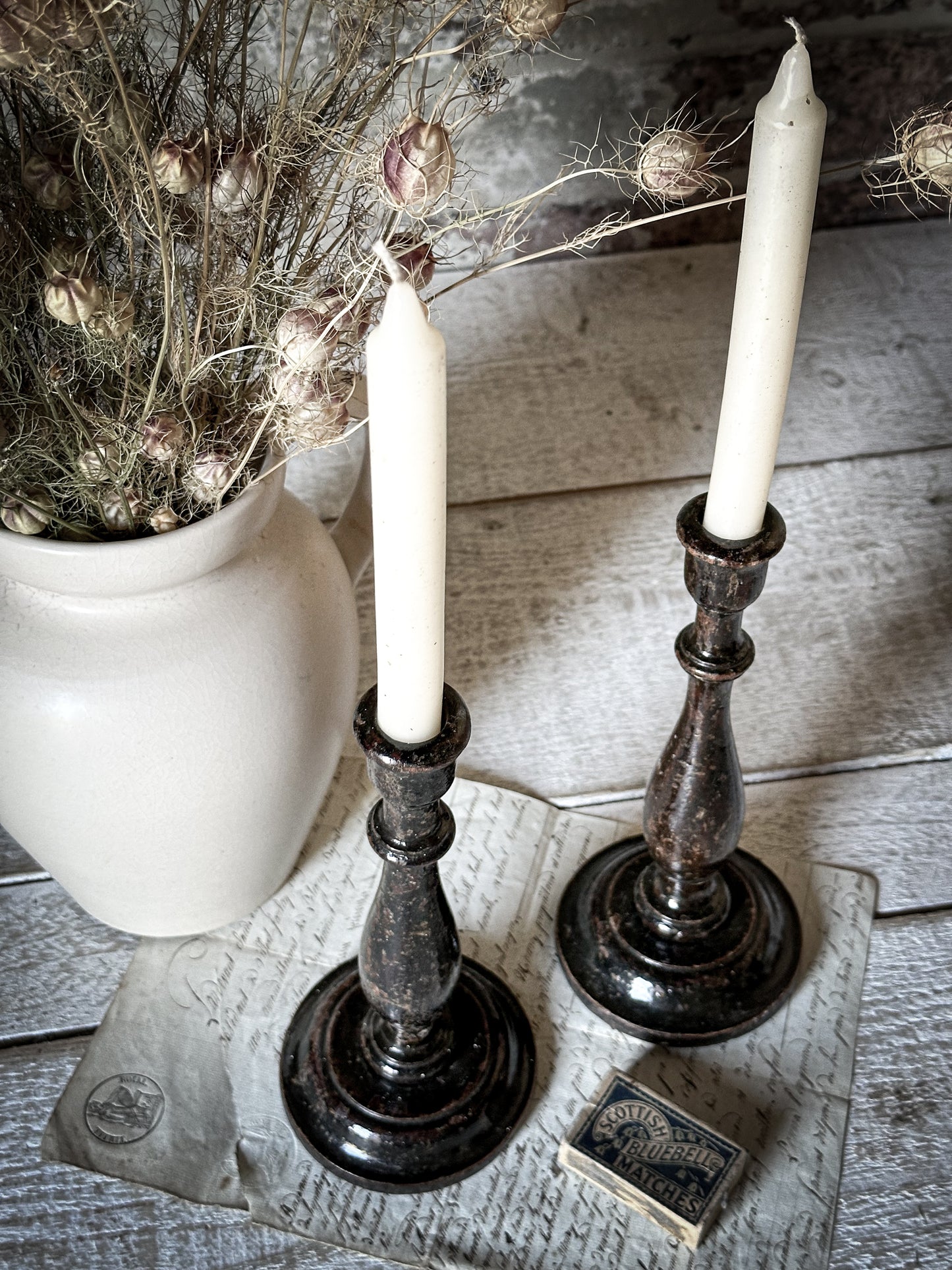 A Pair of Antique Hand Turned Ebonised Candlestick Holders