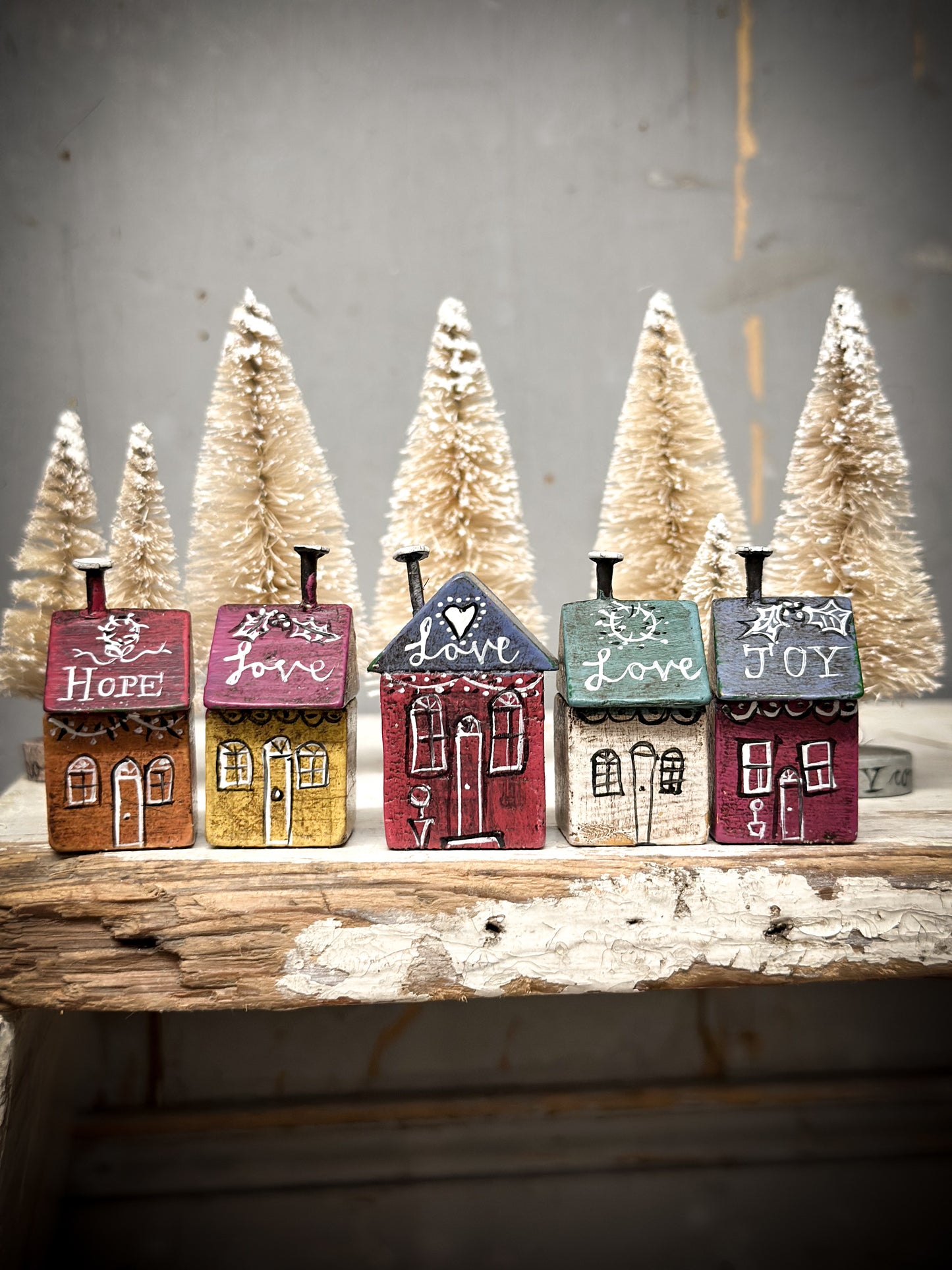 A mini Vintage German Erzgebirge Putz Wooden Village House “Love”