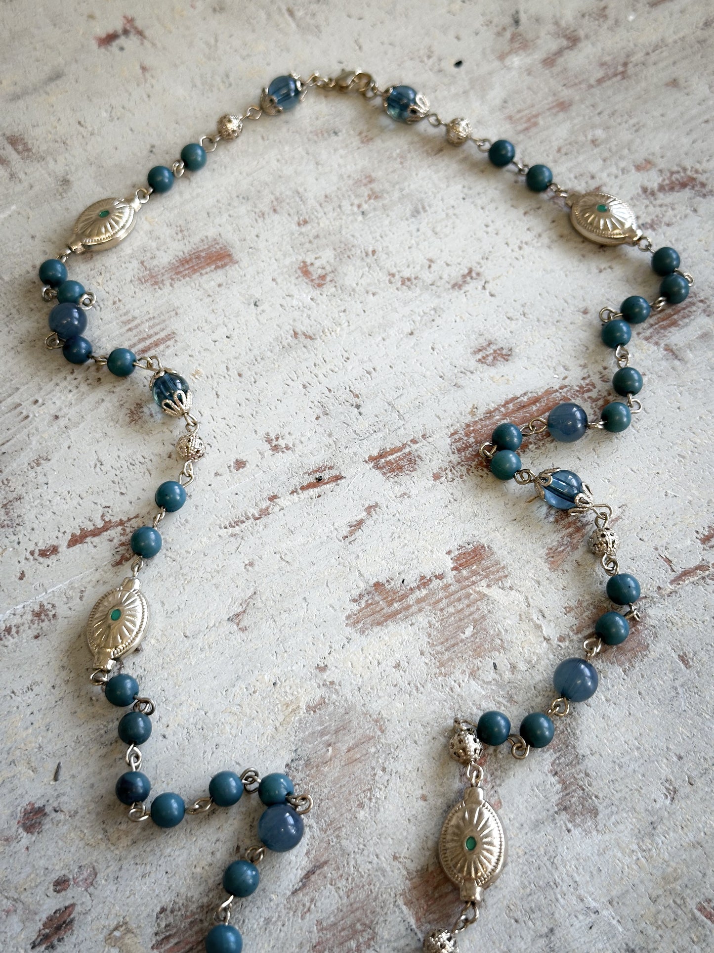 Found Object Vintage Beaded Necklace with Antique Brass Crown by Jealous Moon Jewellery