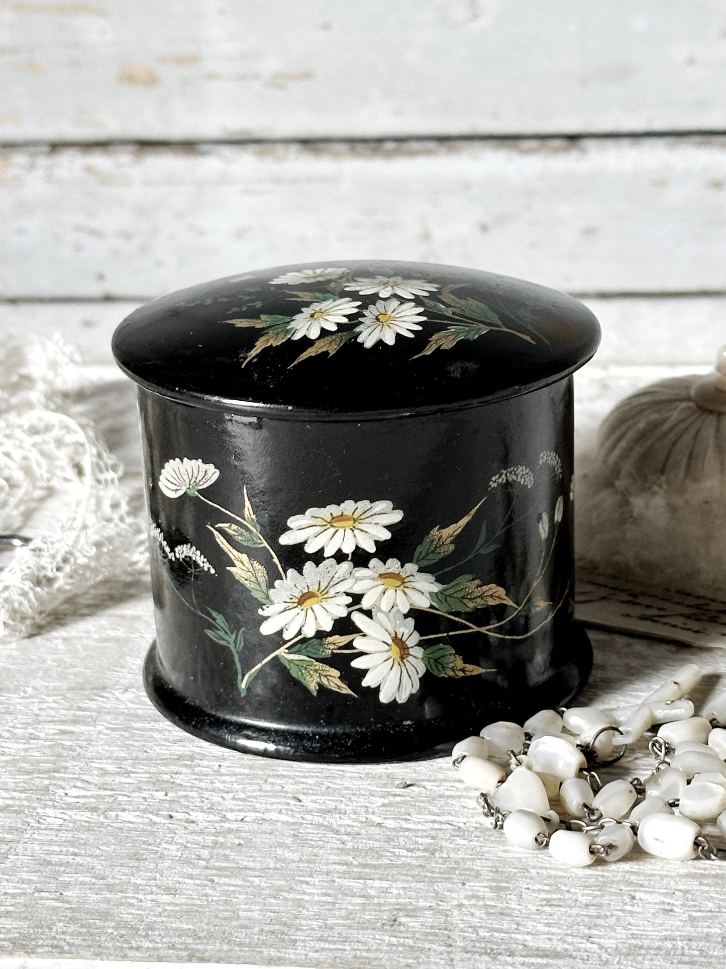 Antique Papier Mache Lacquer Black Handpainted Floral Powder Box Puff Vanity Pot