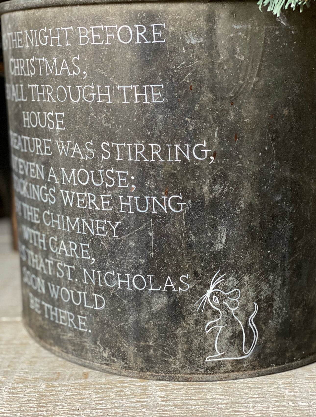 A beautiful heirloom vintage galvanised tub hand painted using traditional sign writer’s techniques and materials with mouse illustration