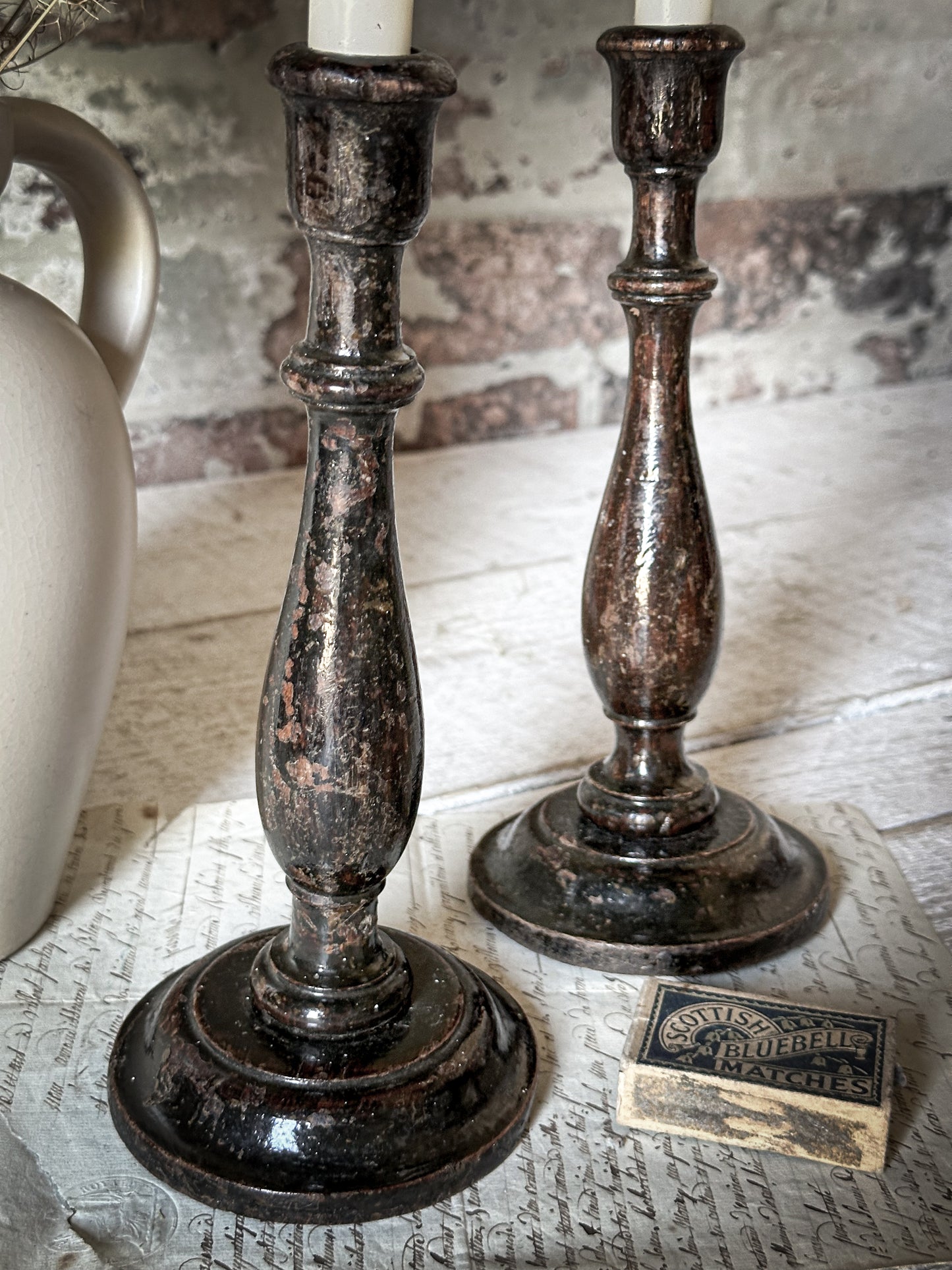 A Pair of Antique Hand Turned Ebonised Candlestick Holders