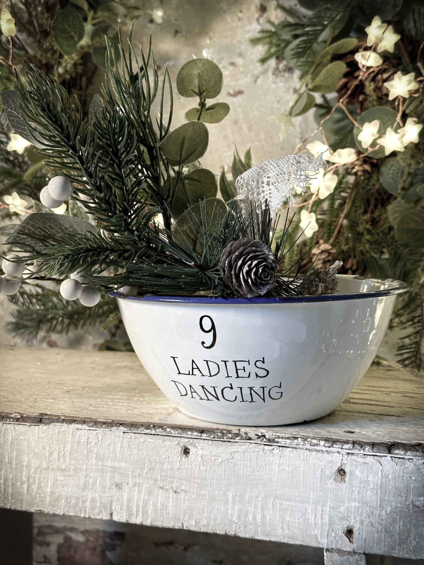 A beautiful vintage enamel pudding bowl with a hand painted quote from the Twelve days of Christmas