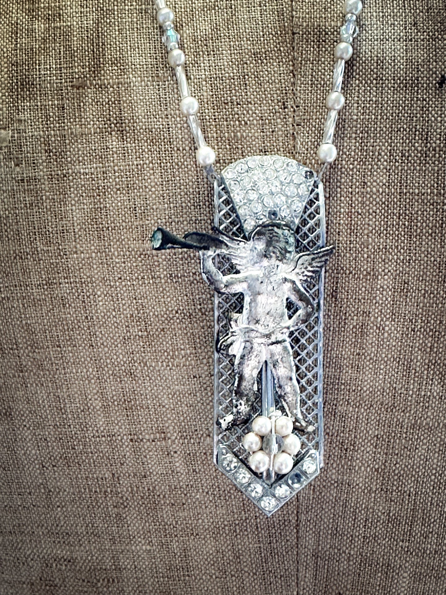 Found Object Art Deco Dress Clip with Cherub Necklace by Jealous Moon Jewellery