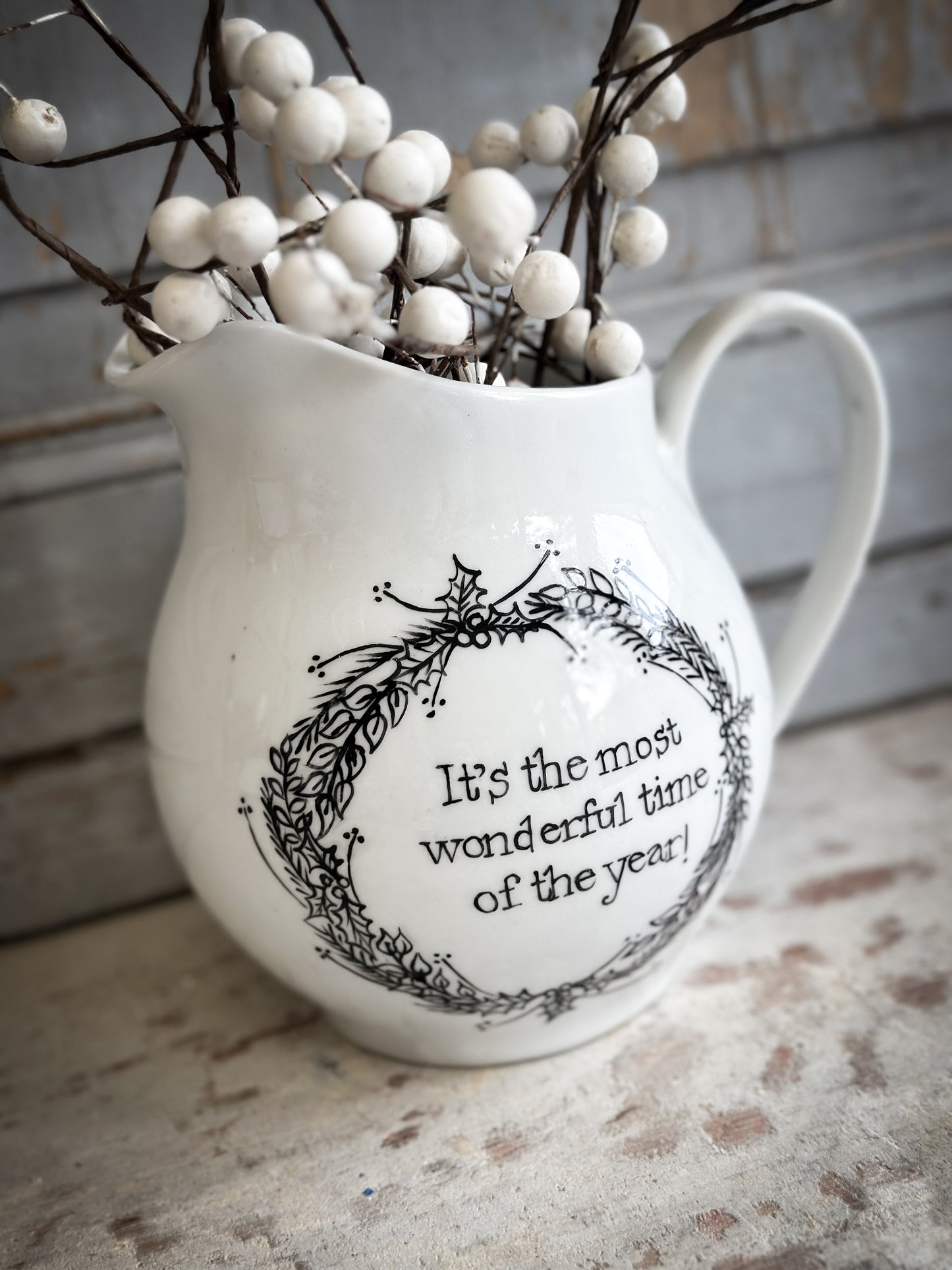 A beautiful Vintage Ironstone jug with a Christmas hand painted quote