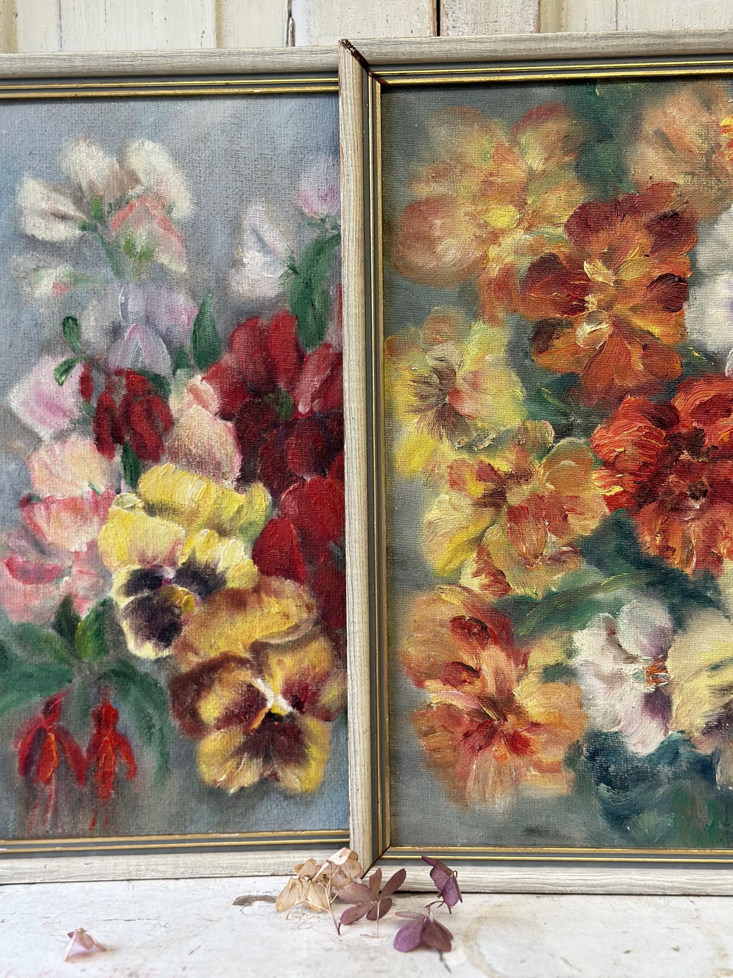 Vintage Still Life Flowers Pansies Oil On Board Signed ICCF