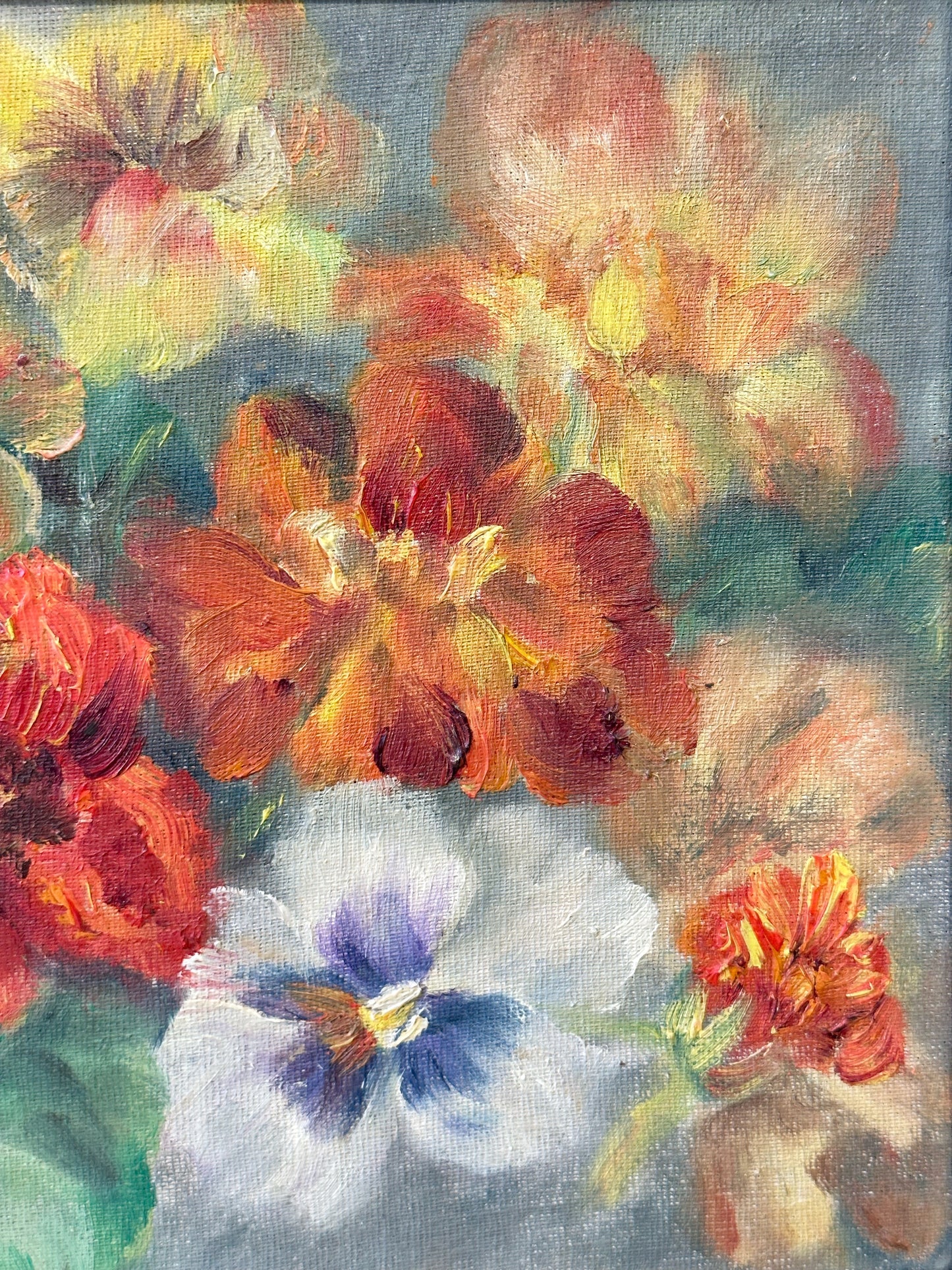 Vintage Still Life Flowers Pansies Oil On Board Signed ICCF